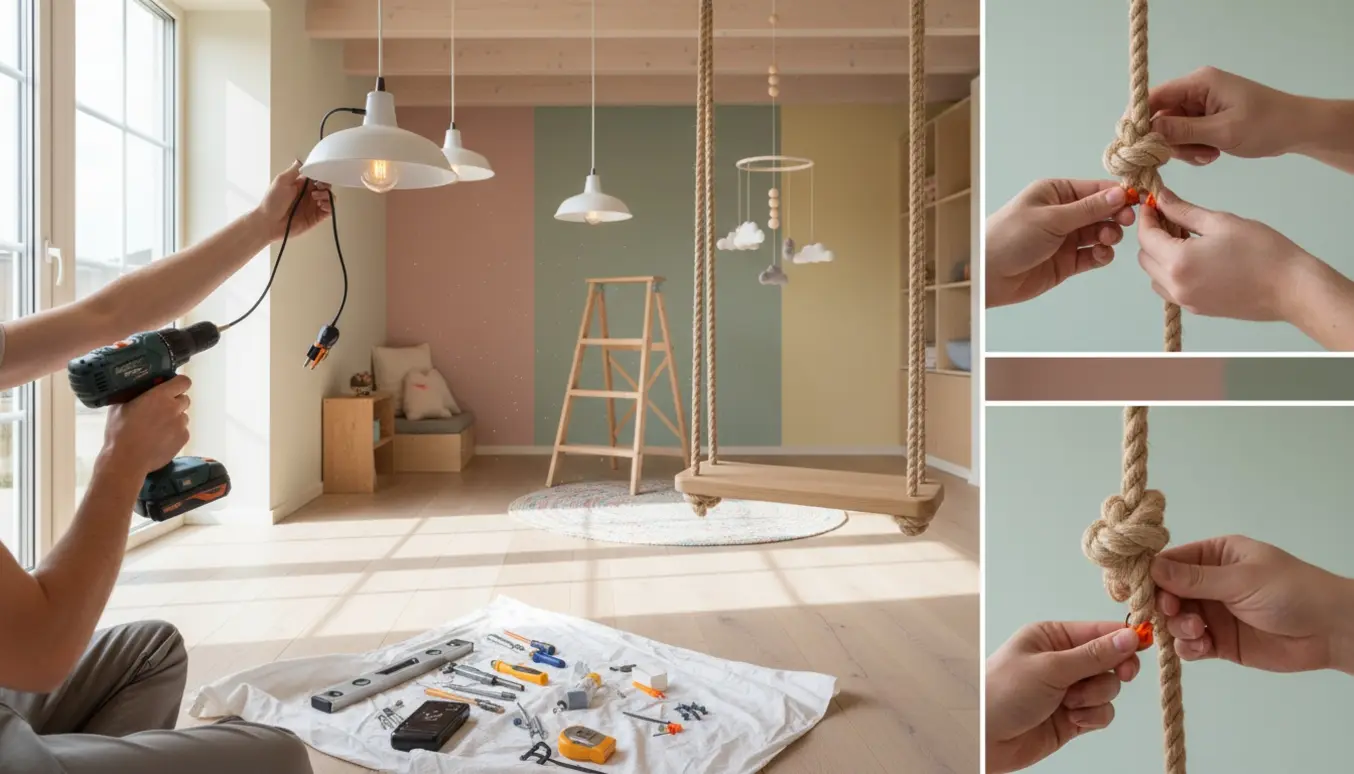 Person monterer to ophængslamper, en indendørs gynge og en lille uro i et lyst børneværelse.