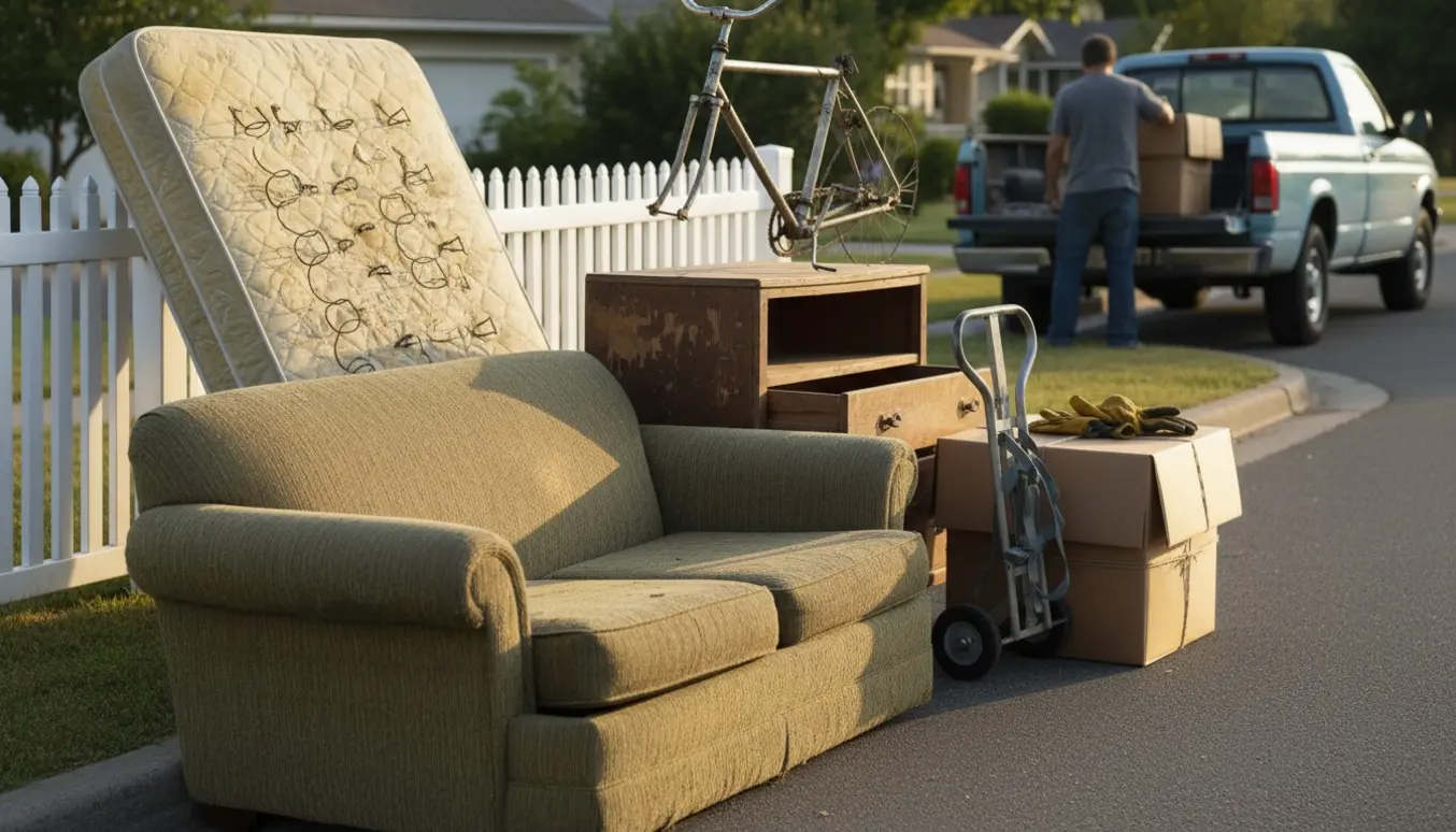 Bunke med storskrald ved fortovet foran et parcelhus, klar til afhentning.