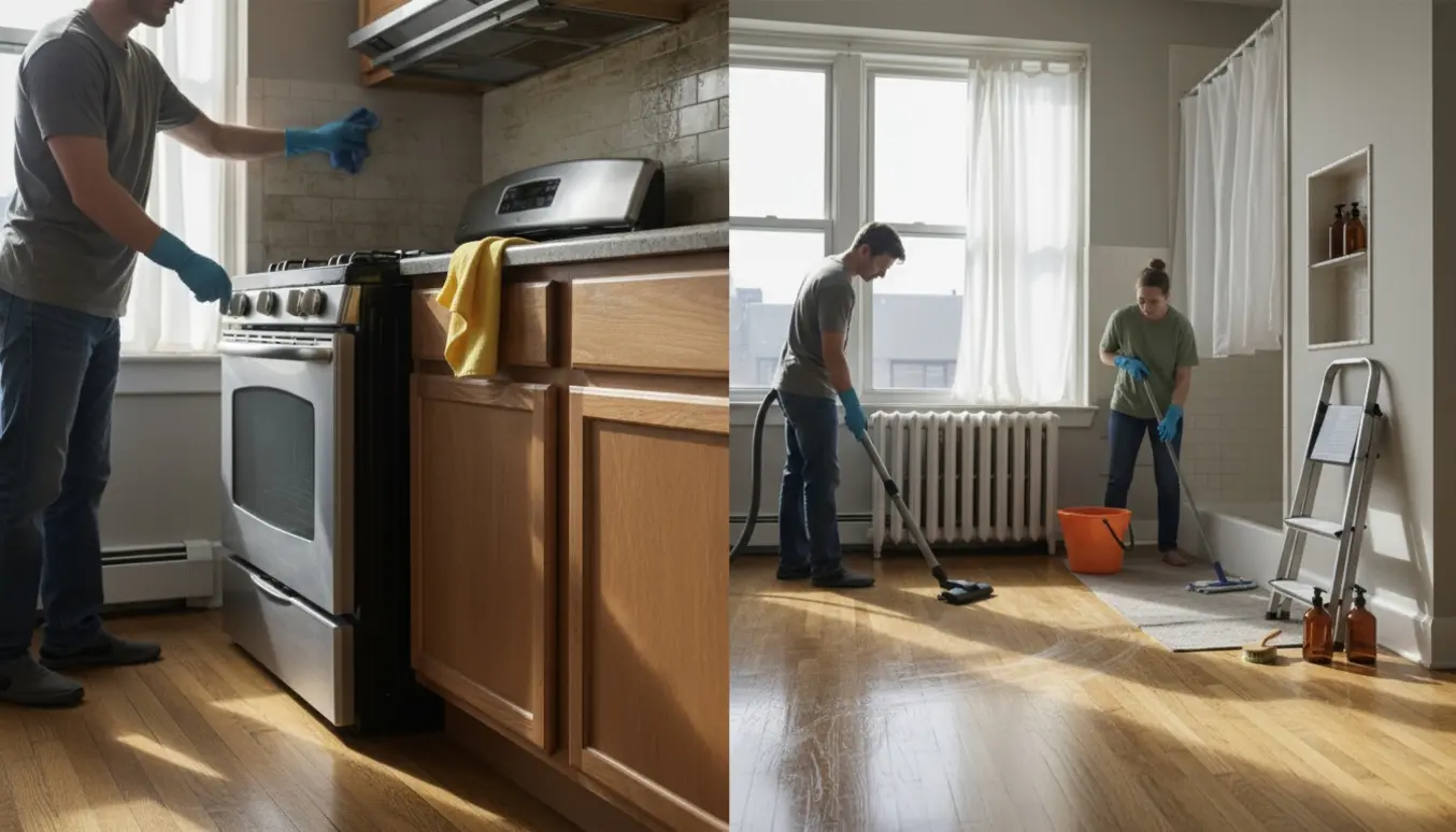 Dybtgående rengøring i en lys lejlighed med rengøringsaktiviteter ved komfur, skabslåger, bruseniche, vinduer og gulve.