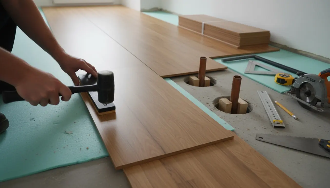 Hænder lægger laminatgulv i en ryddet entré med underlag, stak planker og træklodser ved rørhuller.