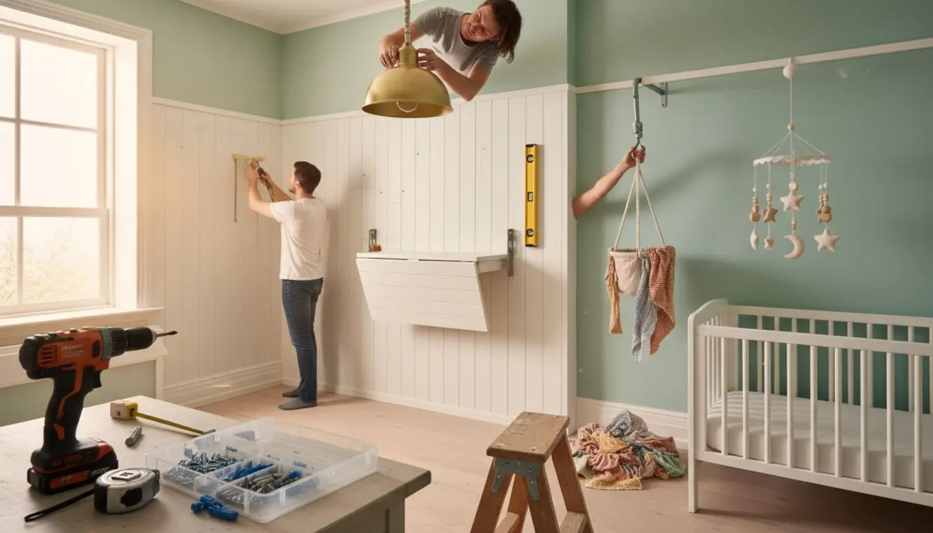 Hænder monterer lampe, væghængt puslebord, sansegynge og en lille uro i et lyst børneværelse.