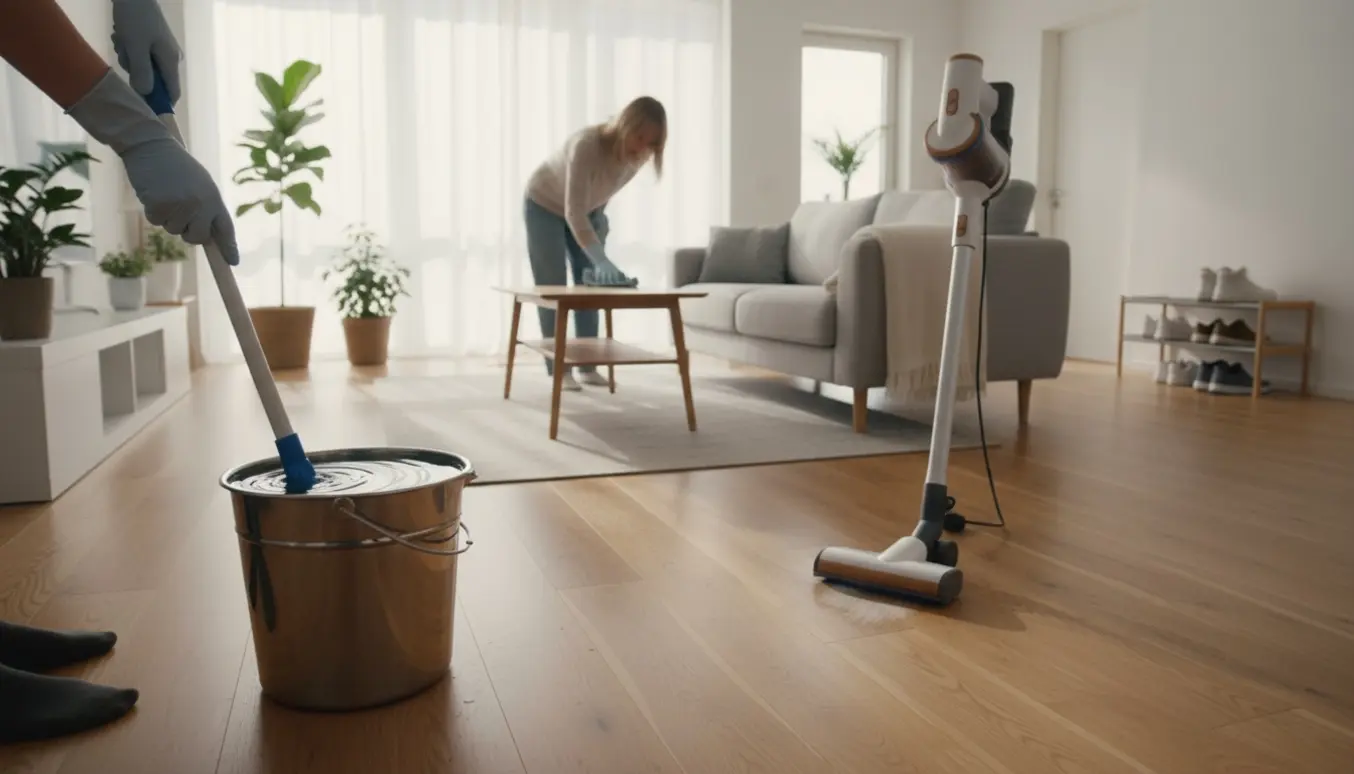 Ugentlig rengøring i et lyst skandinavisk hjem med moppe og støvsuger, hænder i arbejde.