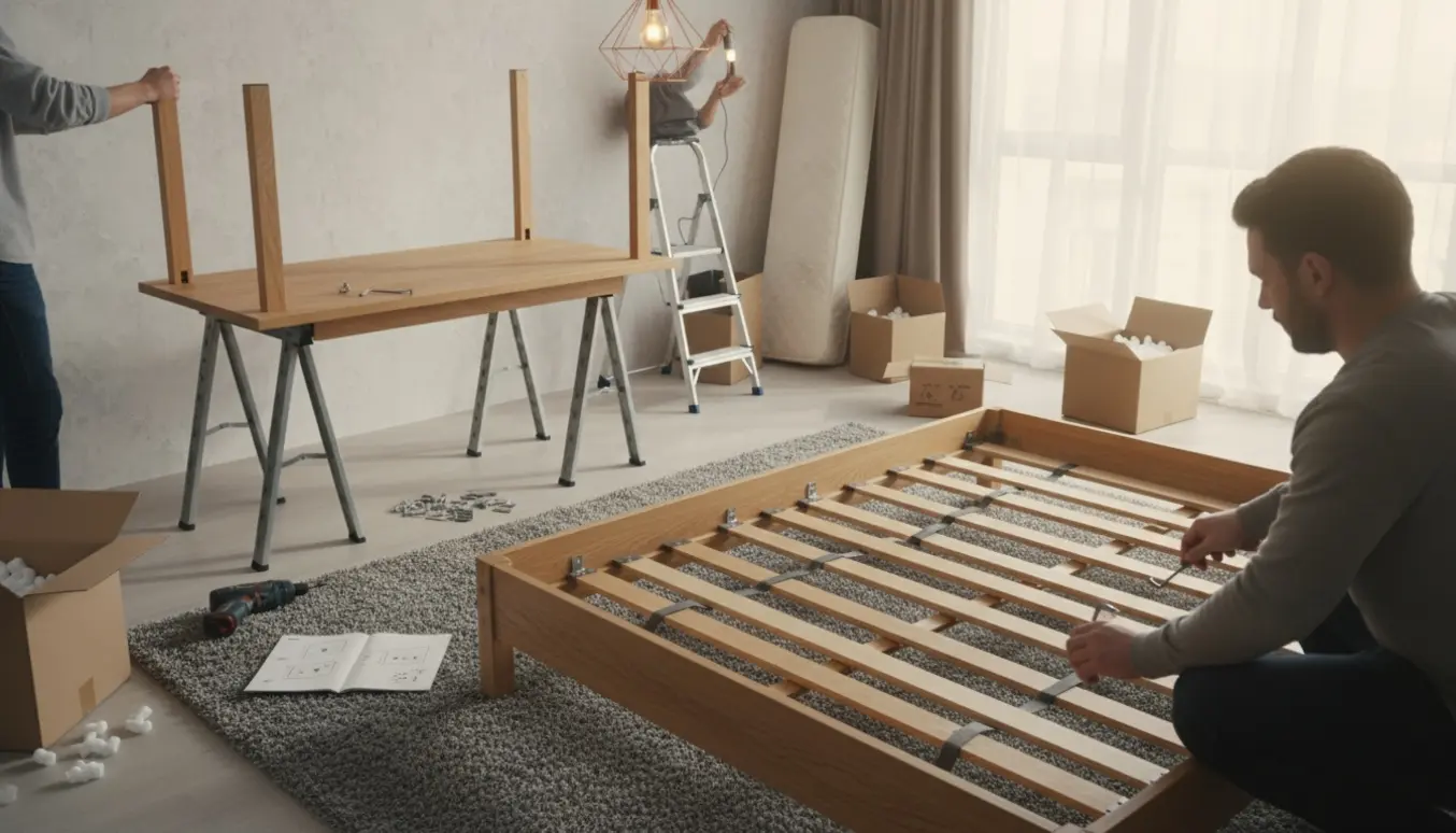 Delvist samlet seng, spisebord og ophængt lampe i en lys lejlighed med værktøj og emballage.