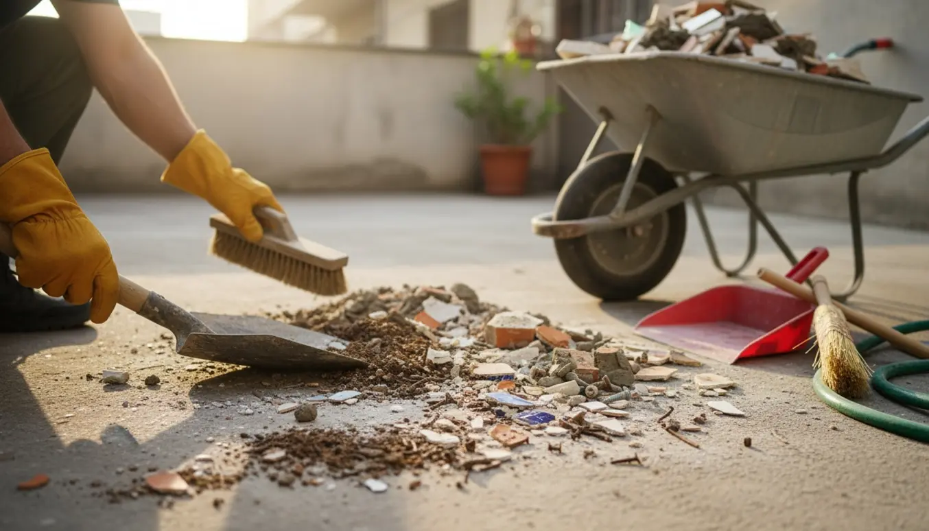 Hænder i arbejdshandsker fjerner jord, puds og små byggeaffald i en trillebør på en solbelyst gårdsplads.