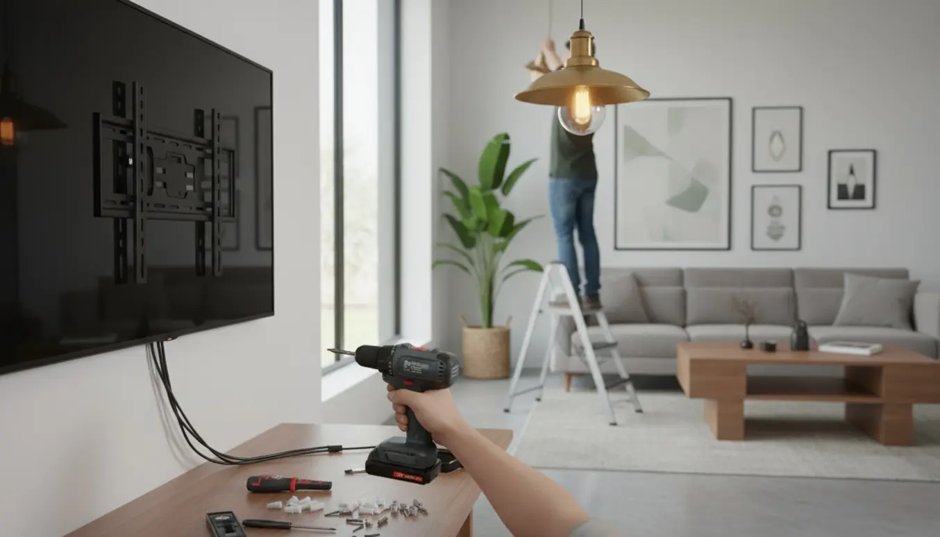 Hænder monterer et vægmonteret fladskærms-tv og installerer en loftlampe i en moderne stue.