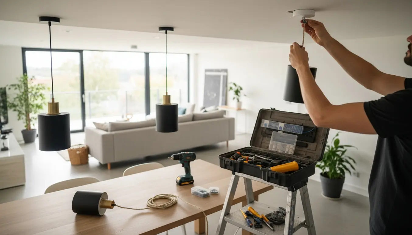 Hænder monterer to pendellamper i loftet med værktøjskasse og boremaskine ved siden af.