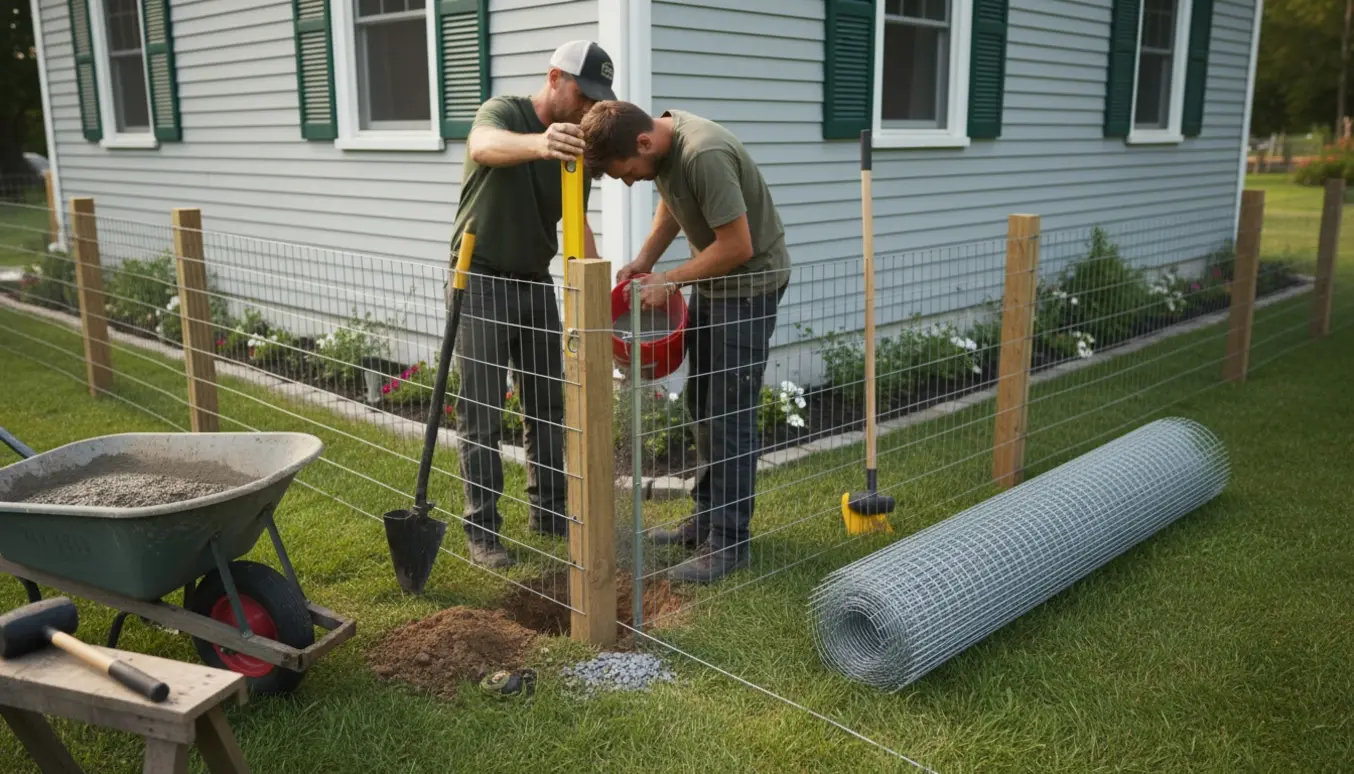 Arbejdere sætter hundehegn op langs husets side med stolper, beton og galvaniseret net.