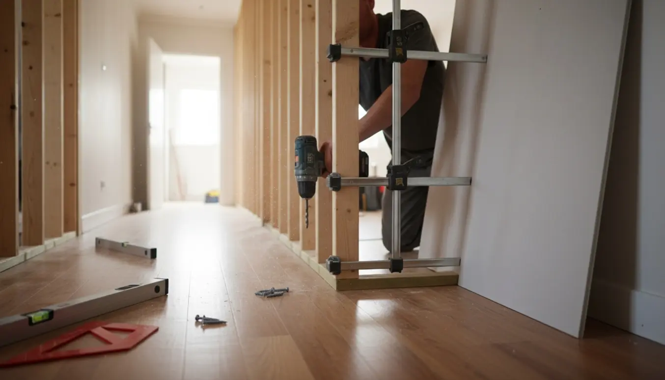 En håndværker forstærker en tynd skillevæg i en gang med træstolper og gipsplader.