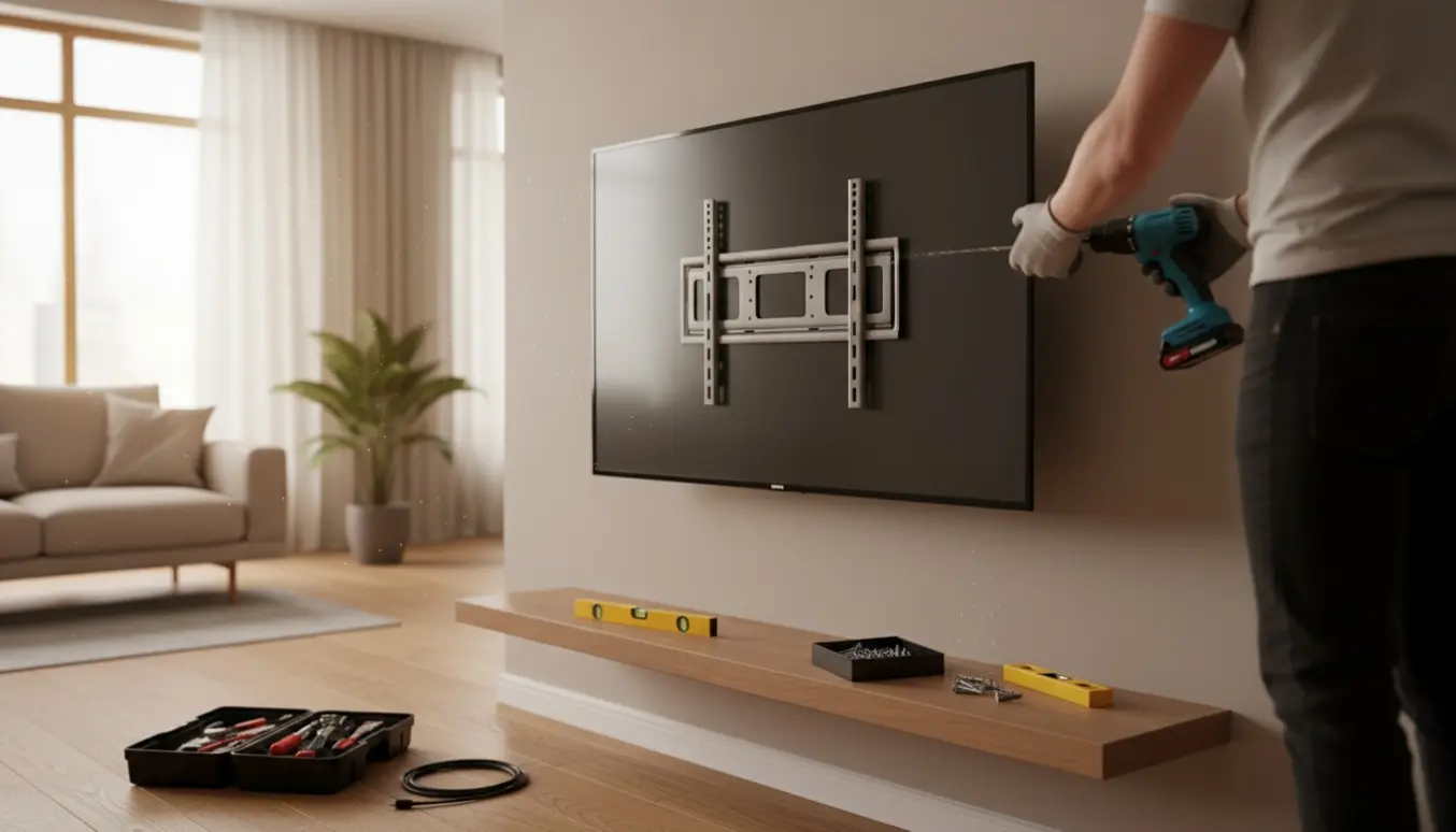 To personer monterer et stort fladskærms-tv på en væg med værktøj og vægbeslag synligt.