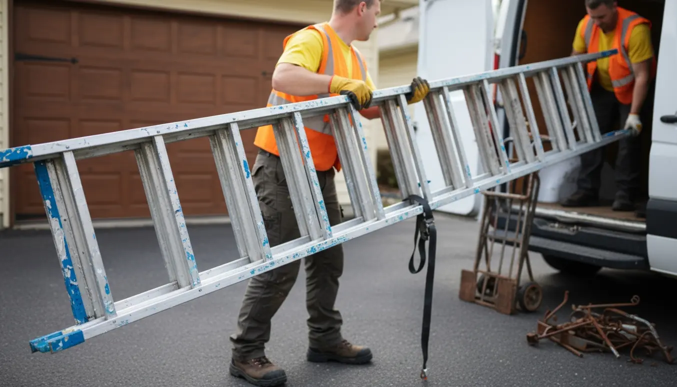 To arbejdere læsser en lang, slidt stige ind i en varevogn til skrot.