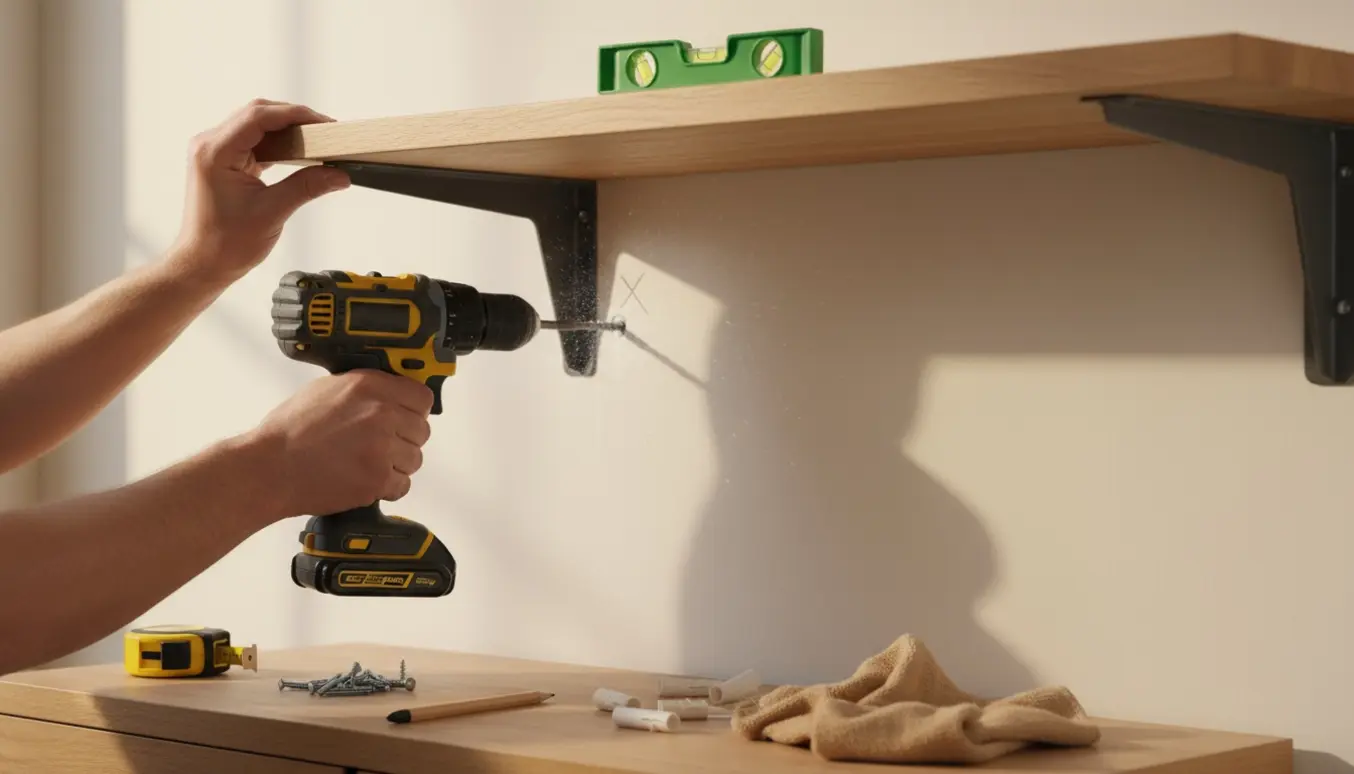 Nærbillede af hænder, der monterer en træhylde på en gipsvæg med rawlplugs og boremaskine.