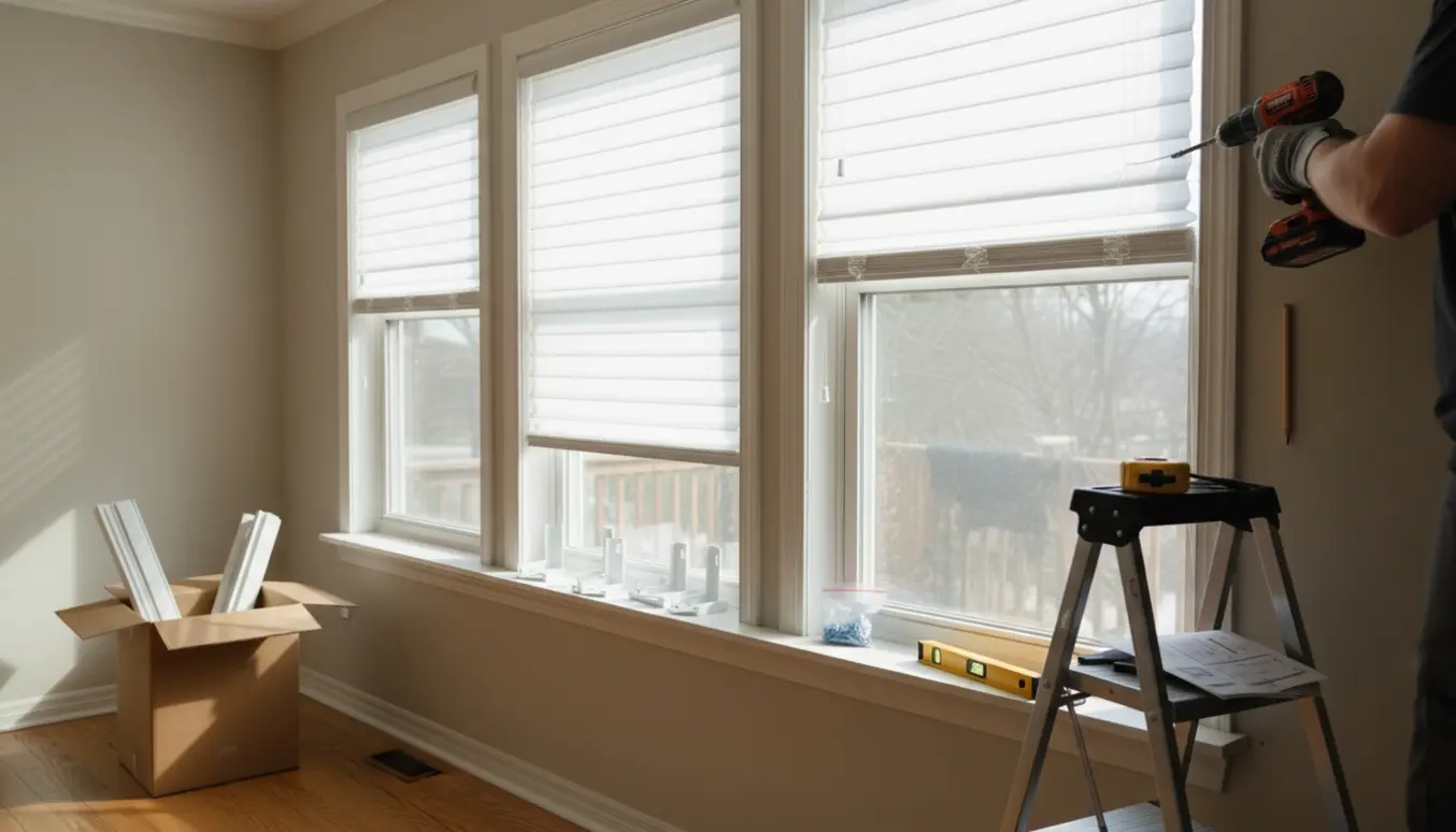 Håndværker monterer persienner på tre vinduer med boremaskine, beslag og skruer på vindueskarmen.