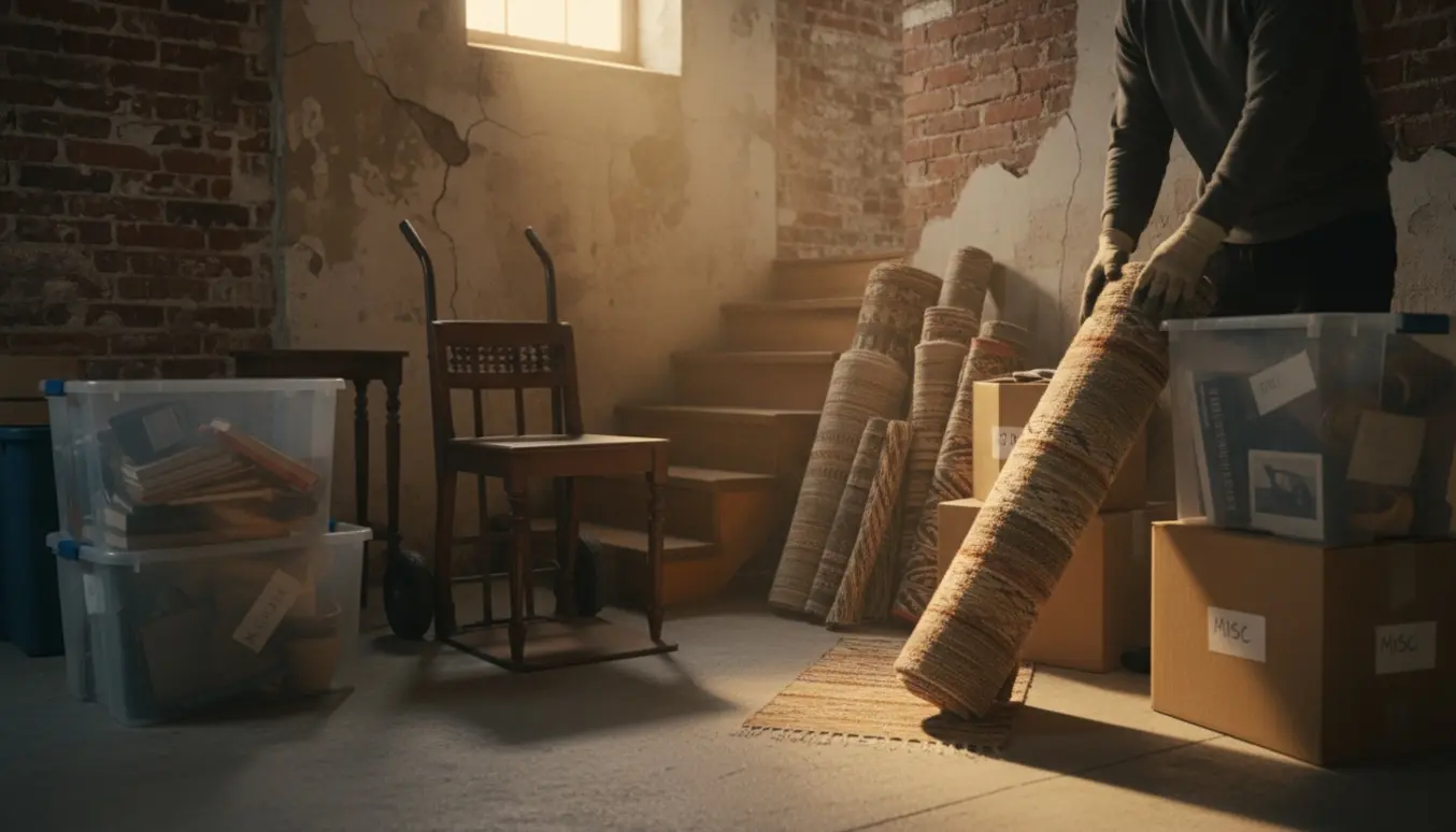 Ryddet kælder med gamle møbler, sammenrullede løbere og kasser klar til fjernelse.