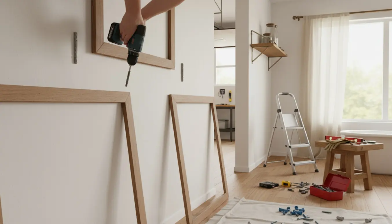 Hænder monterer tunge billeder, en hattehylde og gardinstang med værktøj i et lyst opholdsrum.