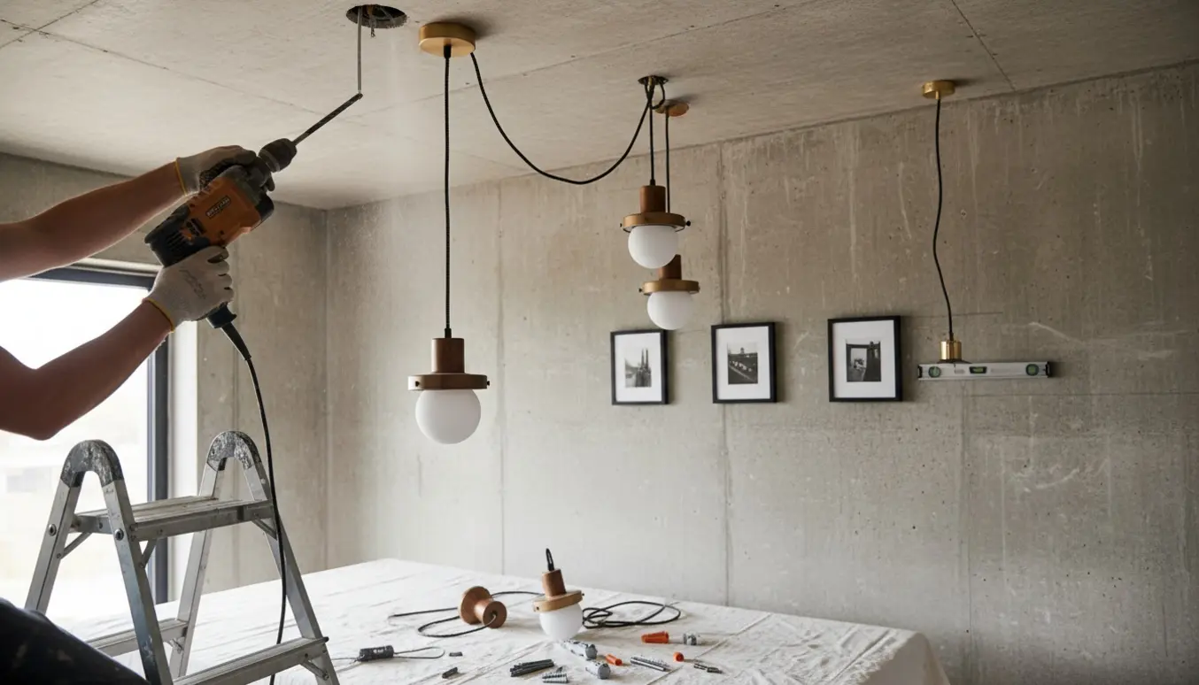 Hænder monterer tre pendellamper og justerer tre små indrammede billeder på en betonvæg med boremaskine og værktøj.