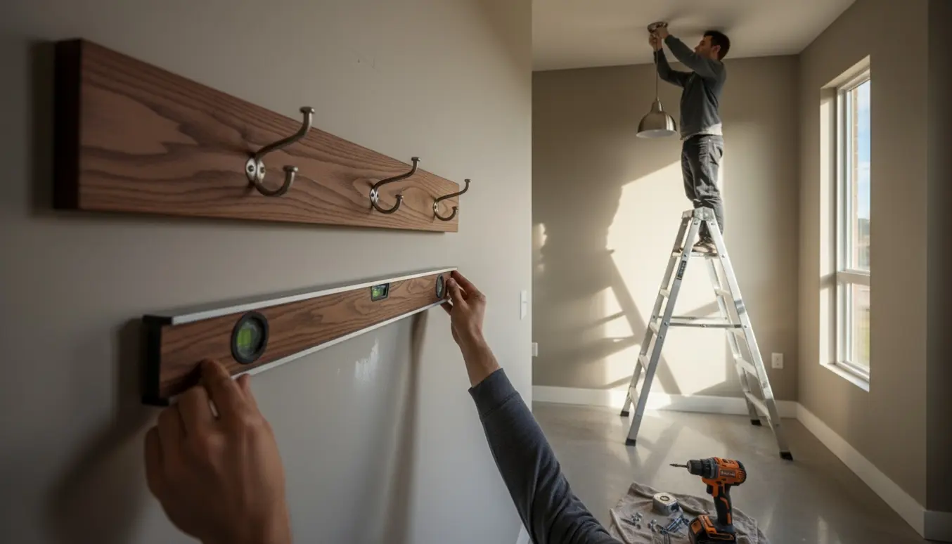 En montør på en stige hænger en lampe op over en nyligt monteret knagerække i en lys entré.