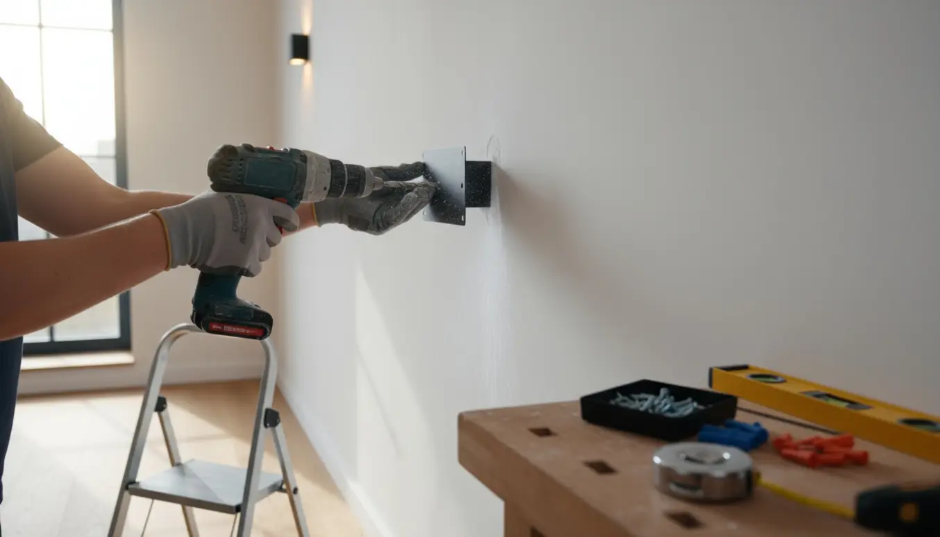 Hænder borer huller og monterer en væglampe i en lys entré.