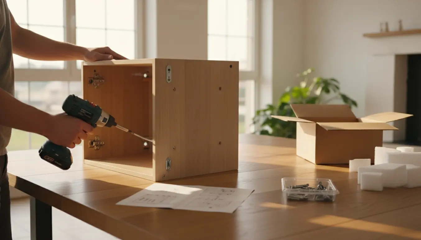 Hænder samler et mellemstort skab på et lyst bord med værktøj og skruer.