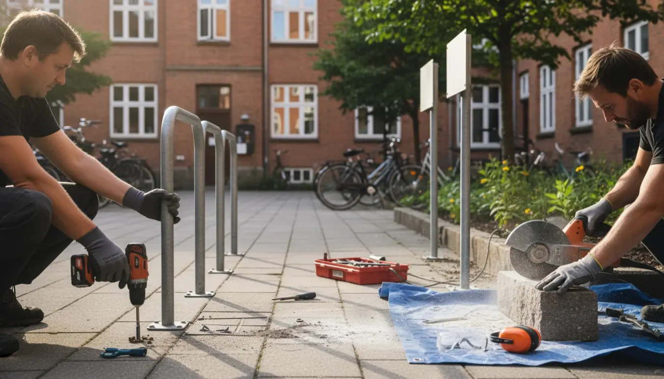 Hænder fastgør cykelstativ, tilskærer kantsten og monterer skilte i en fælles gårdhave.