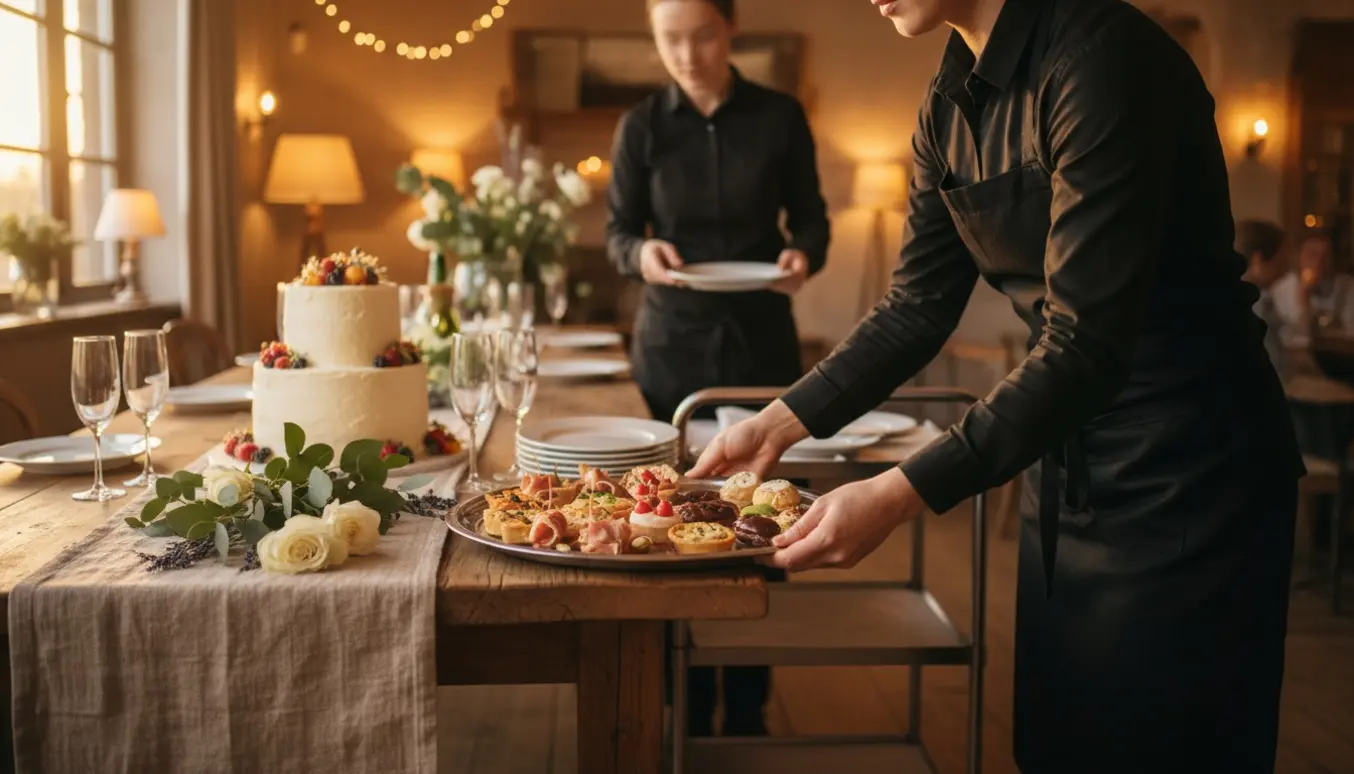 To tjenere serverer og rydder af ved et festligt fødselsdagsbord i varmt aftenslys.