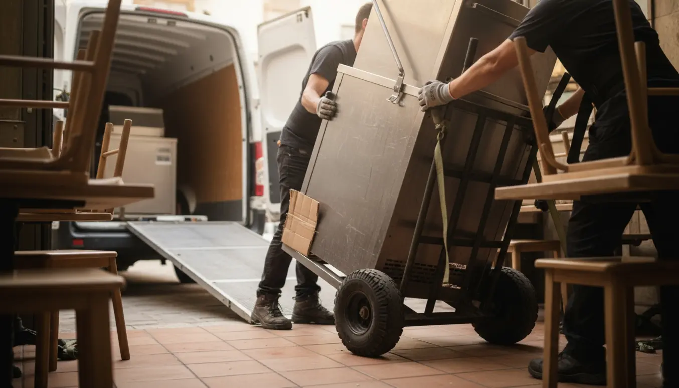 To personer flytter en stor industriopvaskemaskine på tralle gennem en cafédør mod baggården.
