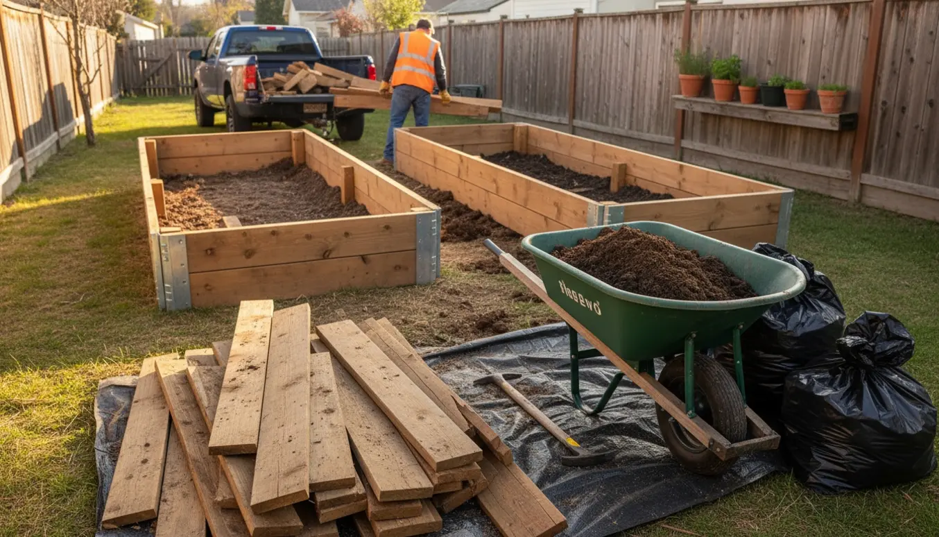 Nedtagne højbede og jord stablet klar til afhentning i en baghave.