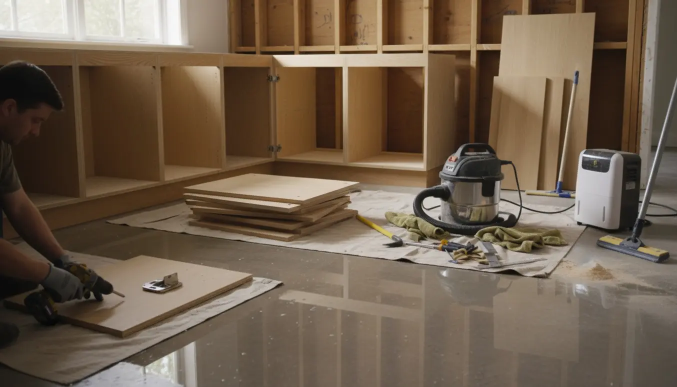 Delvist demonteret køkken med afmonterede paneler, et fugtigt gulv under tørring, værktøj og stabler af nye paneler.