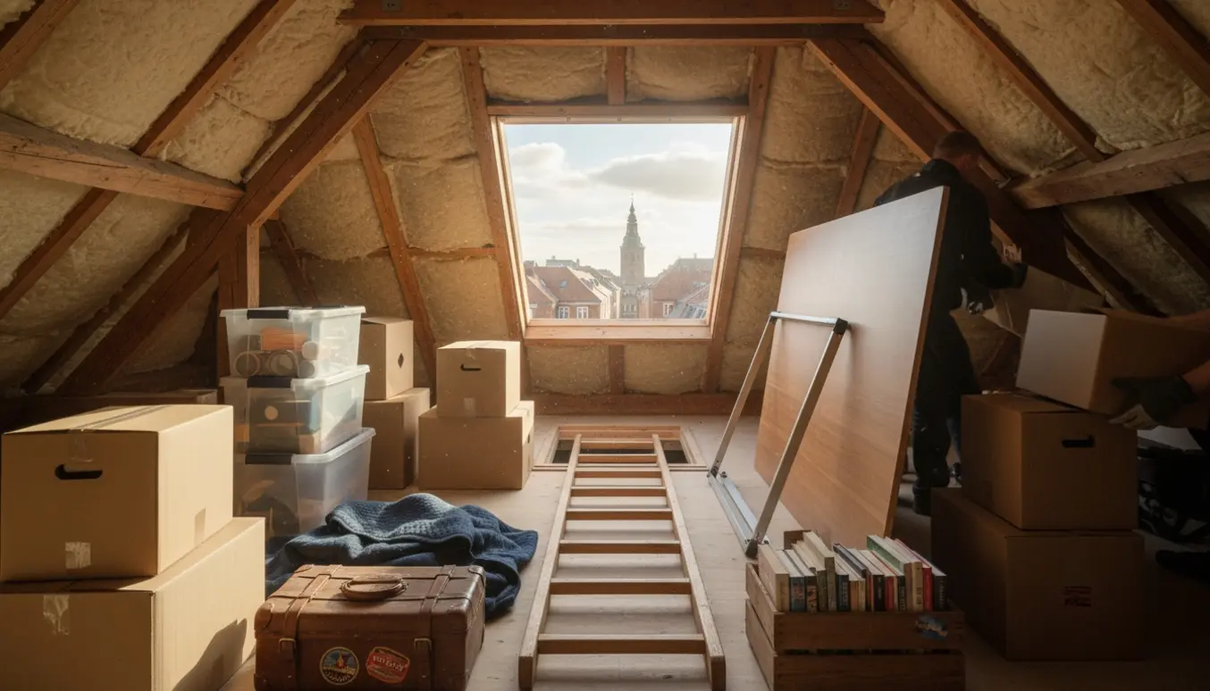 Loftrum i indre København med stabler af kasser og et adskilt skrivebord ved en åben loftlem.