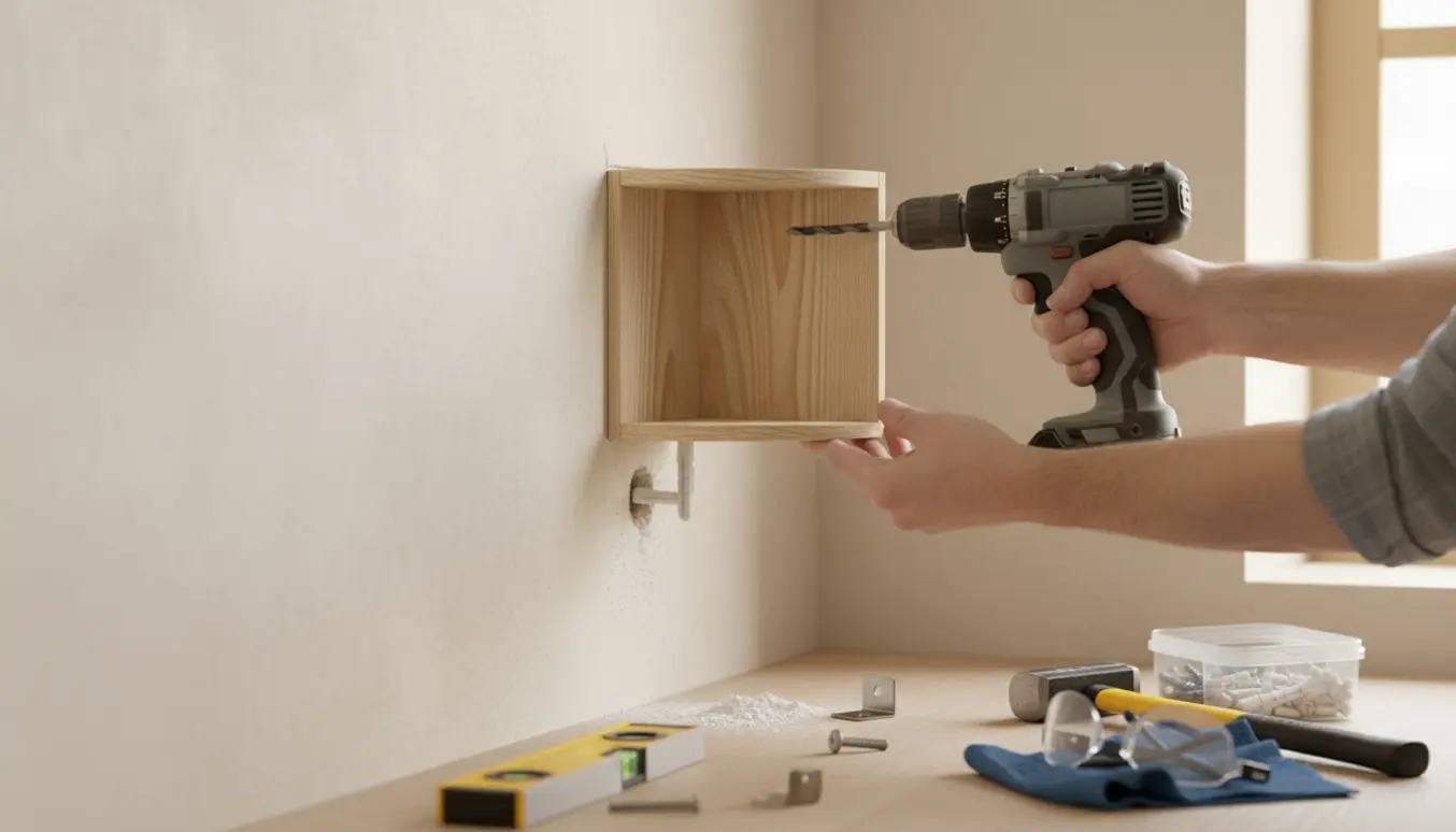 Hænder monterer en lille hjørnehylde ved at bore et hul i væggen og sætte en plastikdyvle og skrue i.