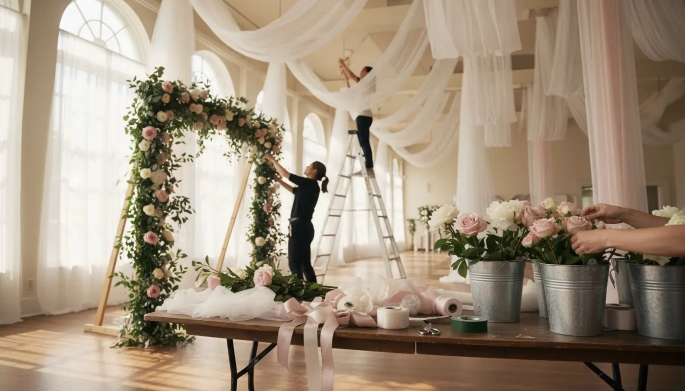 Personer pynter et lyst festlokale med tyl, blomster og en selfie-baggrund.