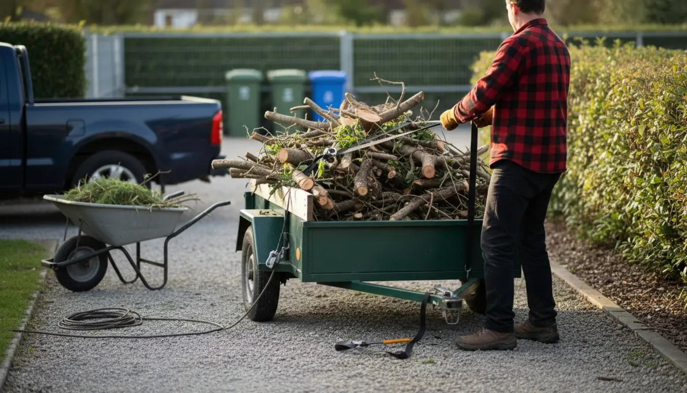 En person sikrer en lille trailer fyldt med afklippede grene ved en genbrugsplads.