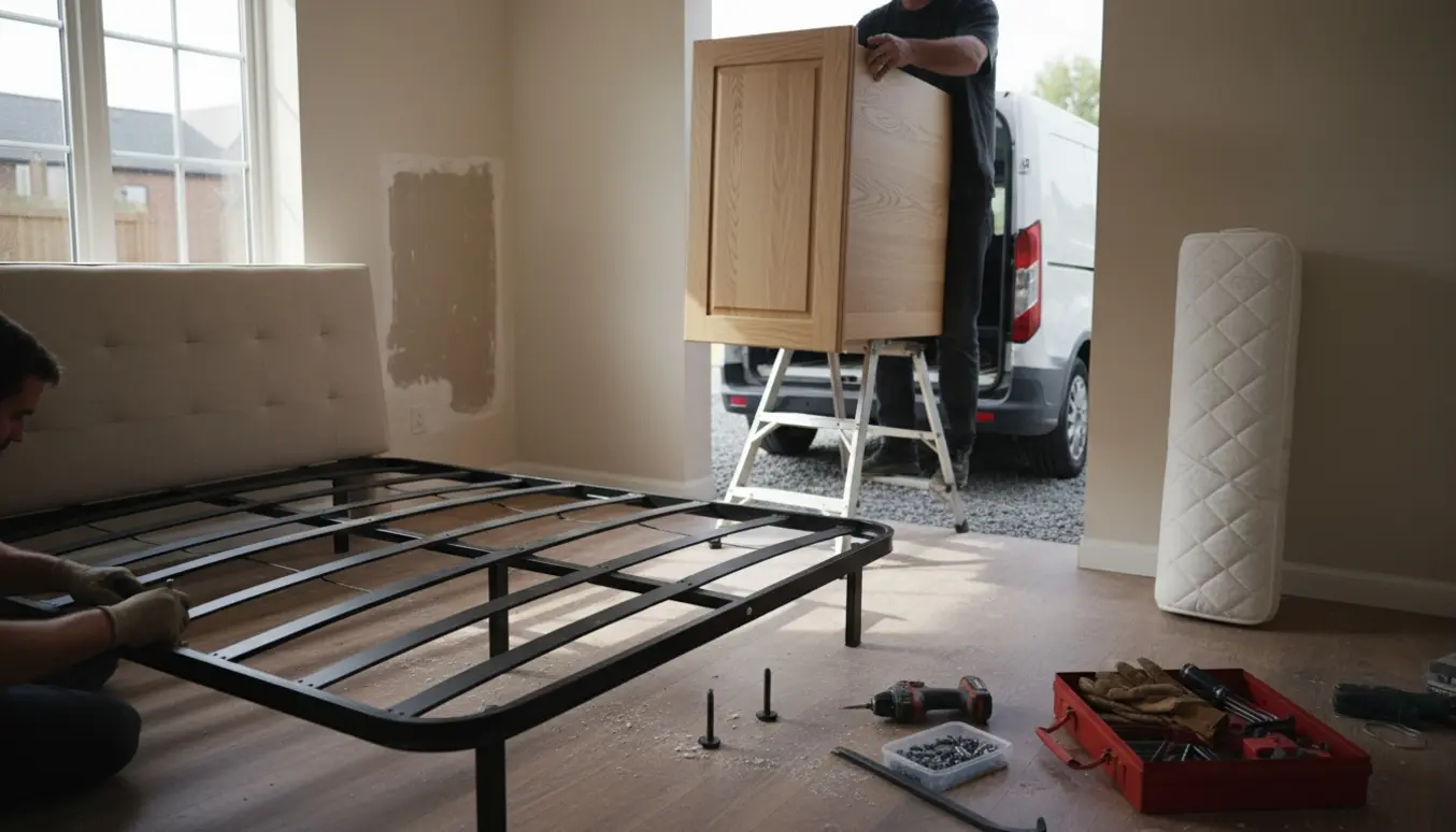 Et nedtaget vægskab lægges i en varevogn, mens en seng er under montage med værktøj omkring.