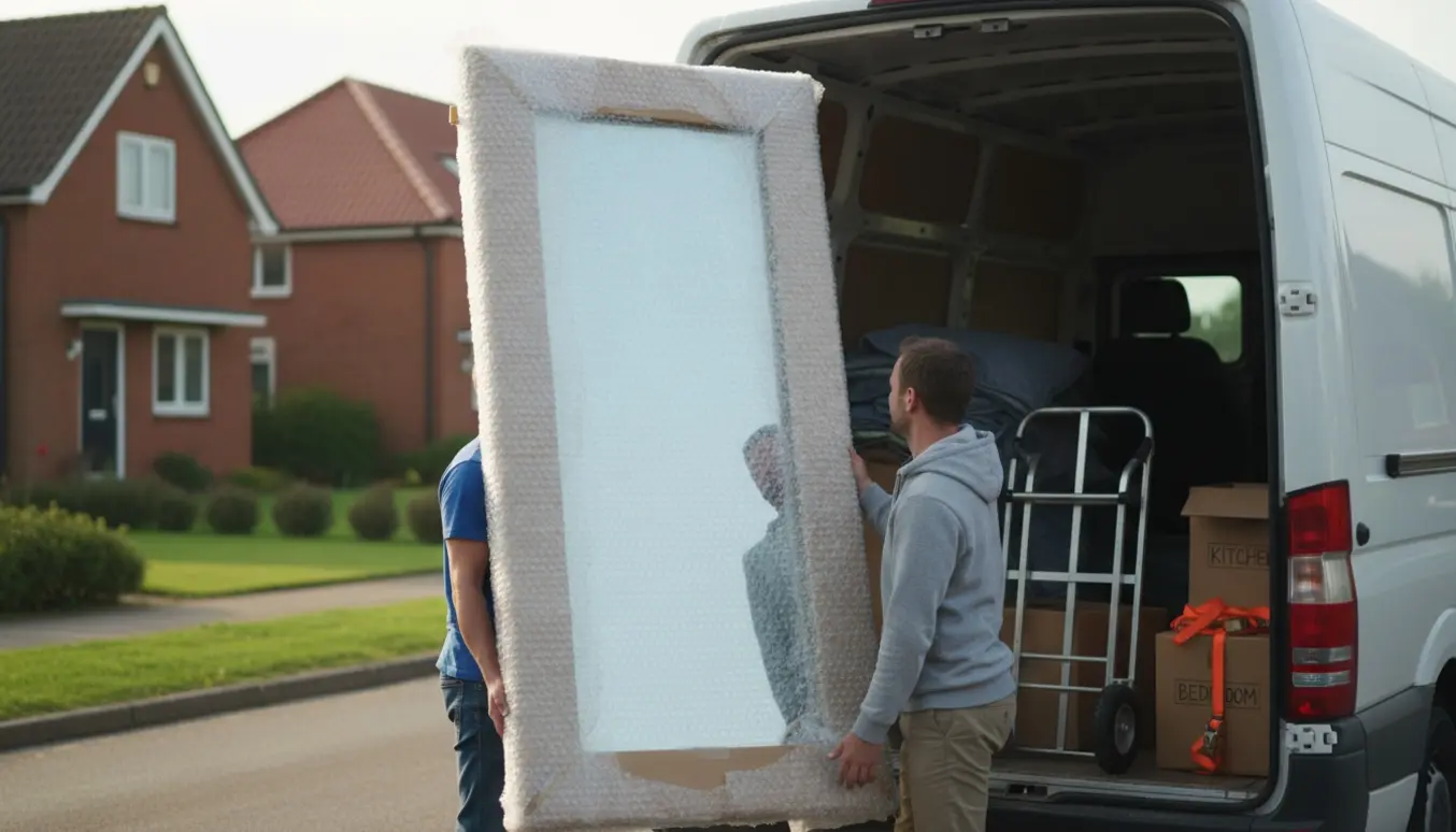 Et stort indpakket spejl bæres ind i en flyttevogn af to personer på en stille boligvej.