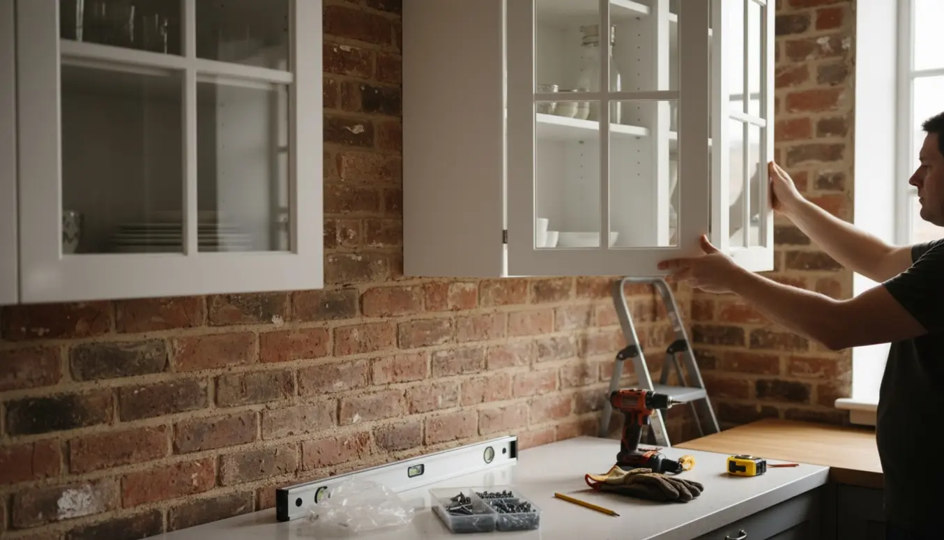Hænder monterer et glasvitrineoverskab på en murstensvæg i et lyst køkken med værktøj og et lignende skab allerede hængt op.