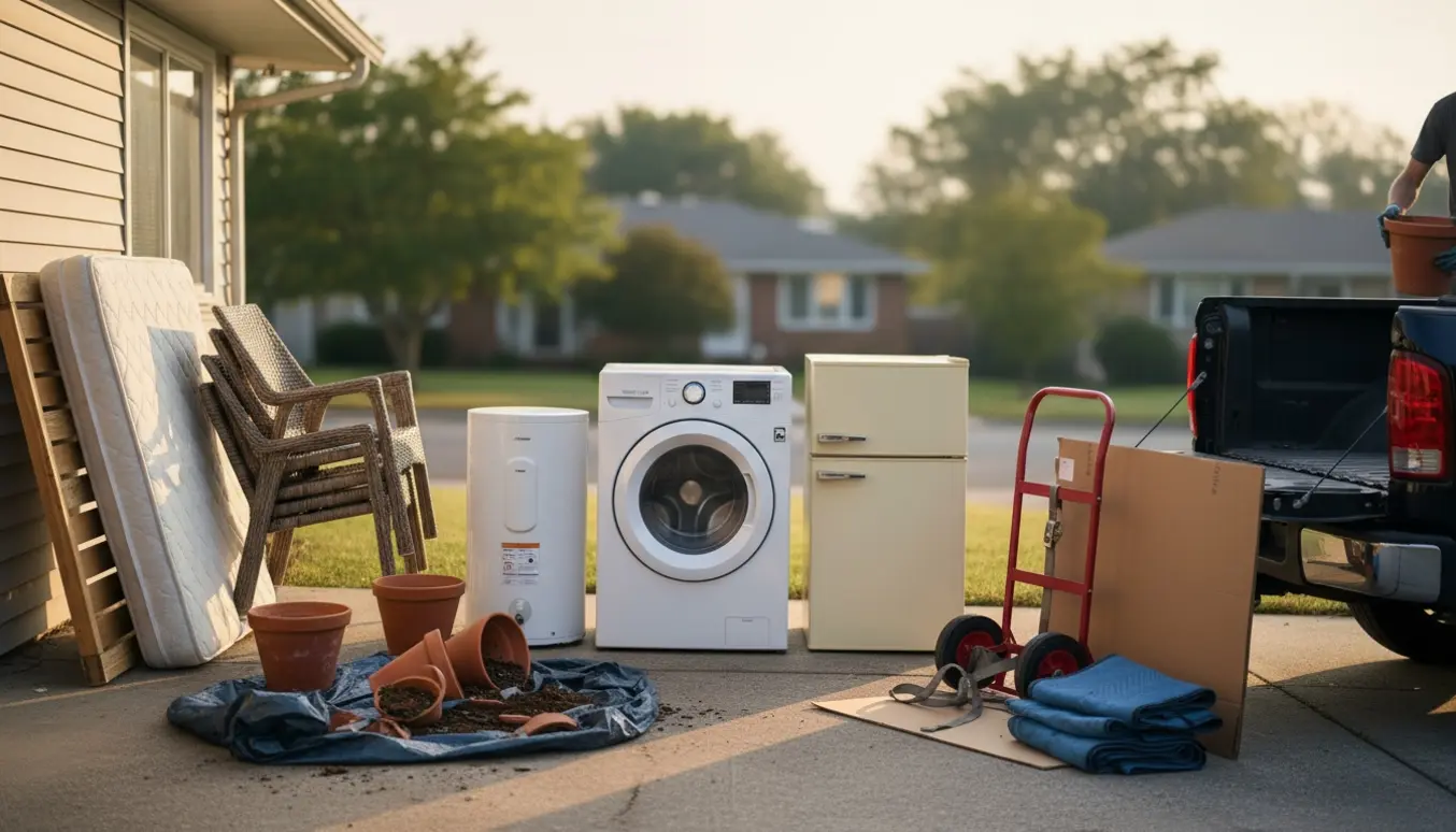 Hvidevarer, en nedrevet dobbeltseng, kurvestole og knuste potter klar til afhentning på en indkørsel.