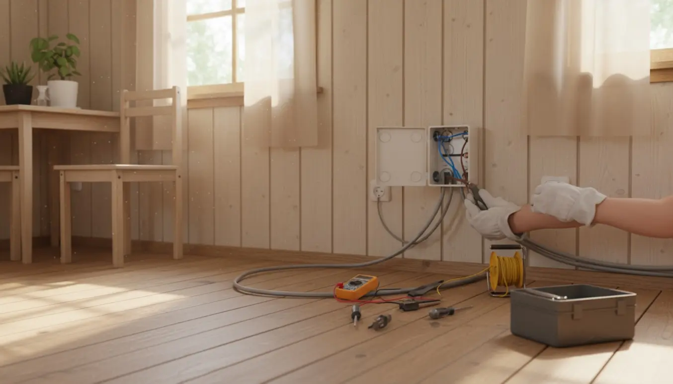 Hænder fejlfinder nye kabler ved en åben installationsdåse i et lille kolonihavehus.