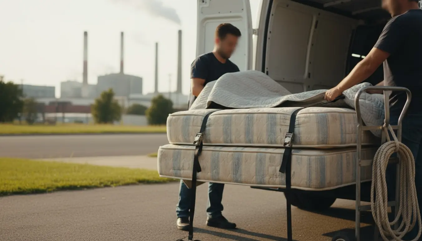 Boksmadras og topmadras lastes i en varevogn med stropper klar til kørsel til forbrændingen.