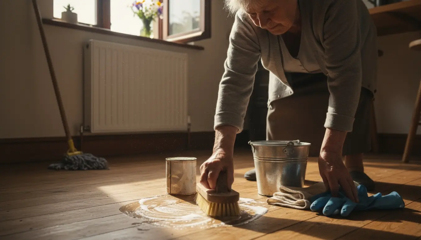 Ældre kvindes hænder skrubber trægulv med børste og spand i et solbeskinnet rækkehus under gammeldags rengøring.