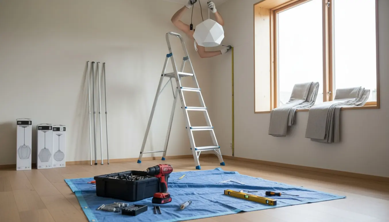Hænder monterer en loftslampe og måler op til gardinstænger i en lys, skandinavisk stue med værktøj og gardinpaneler klar.