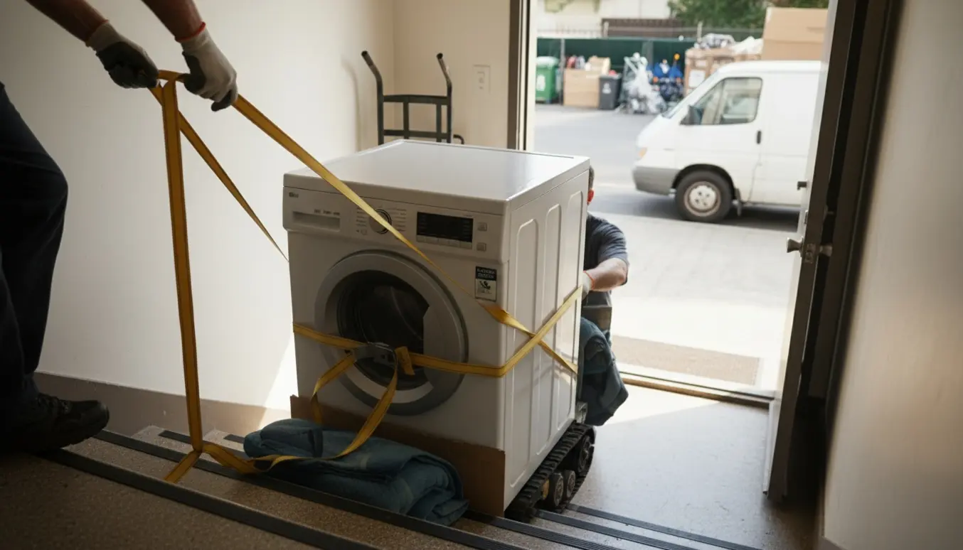 En vaskemaskine bæres ned ad en opgangstrappe mod en varevogn ved genbrugspladsen, to hjælpere ses bagfra.