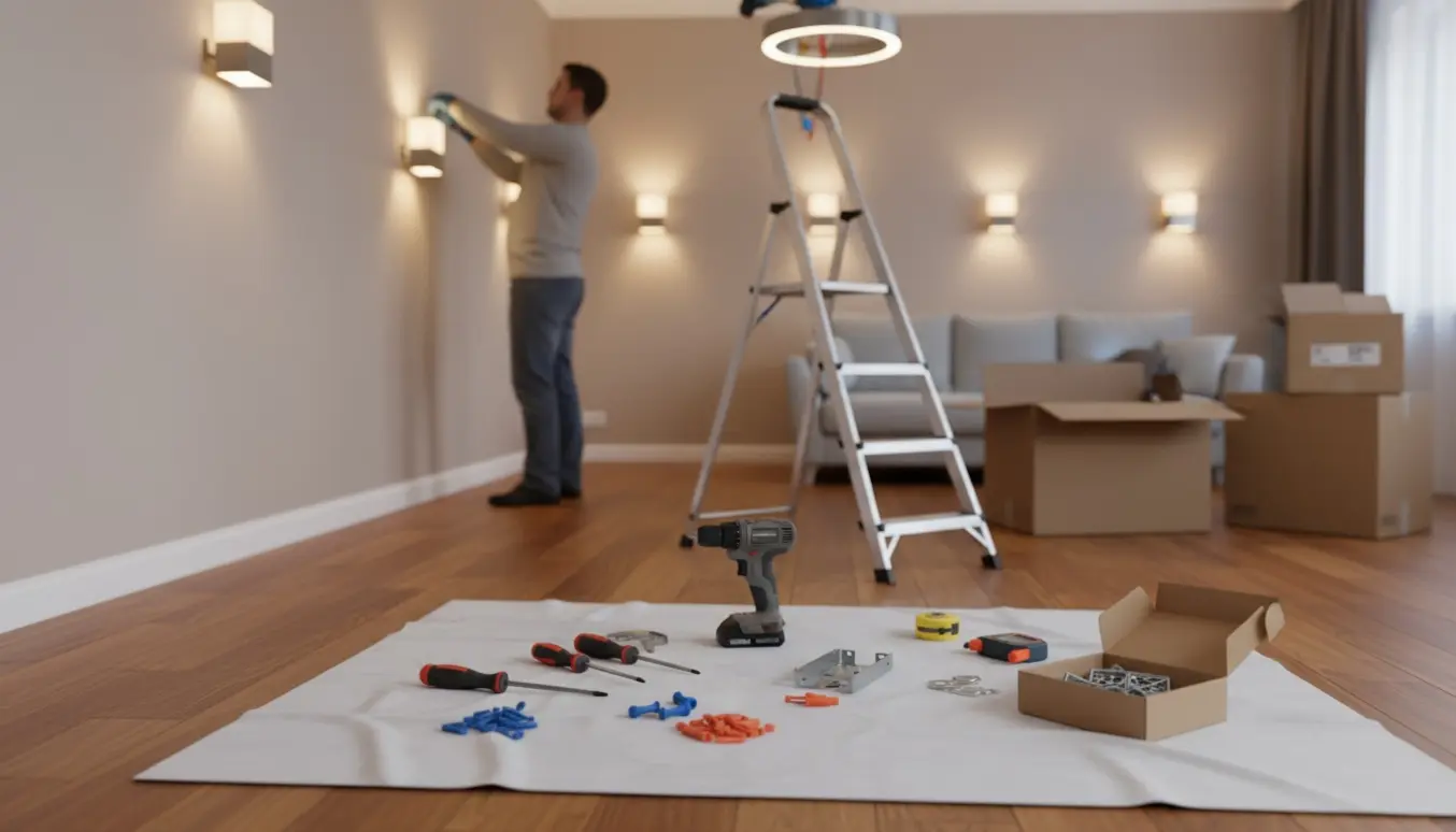Hænder på en stige monterer en loftlampe i en nymalet lejlighed med fire væglamper sat op.