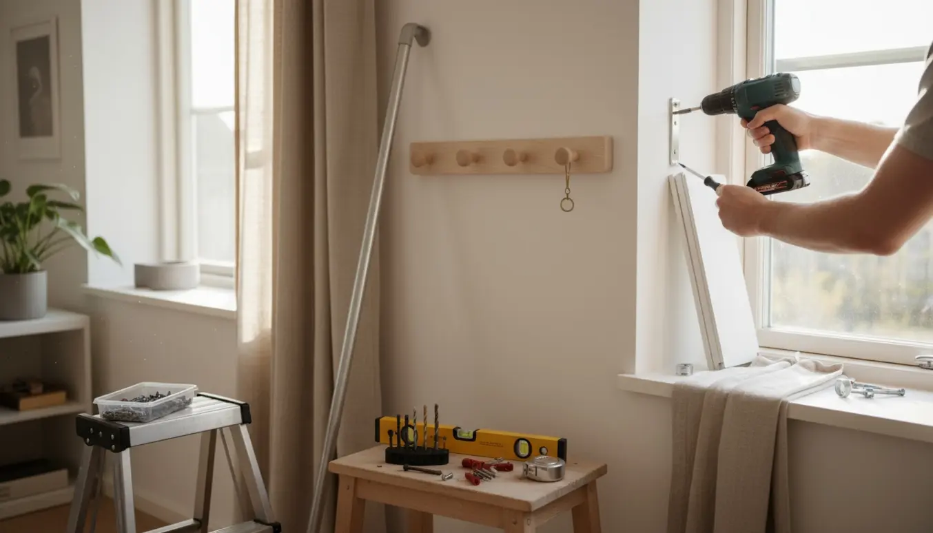 Hænder monterer gardinstang, rullegardin og knagerække ved et vindue med værktøj klar.