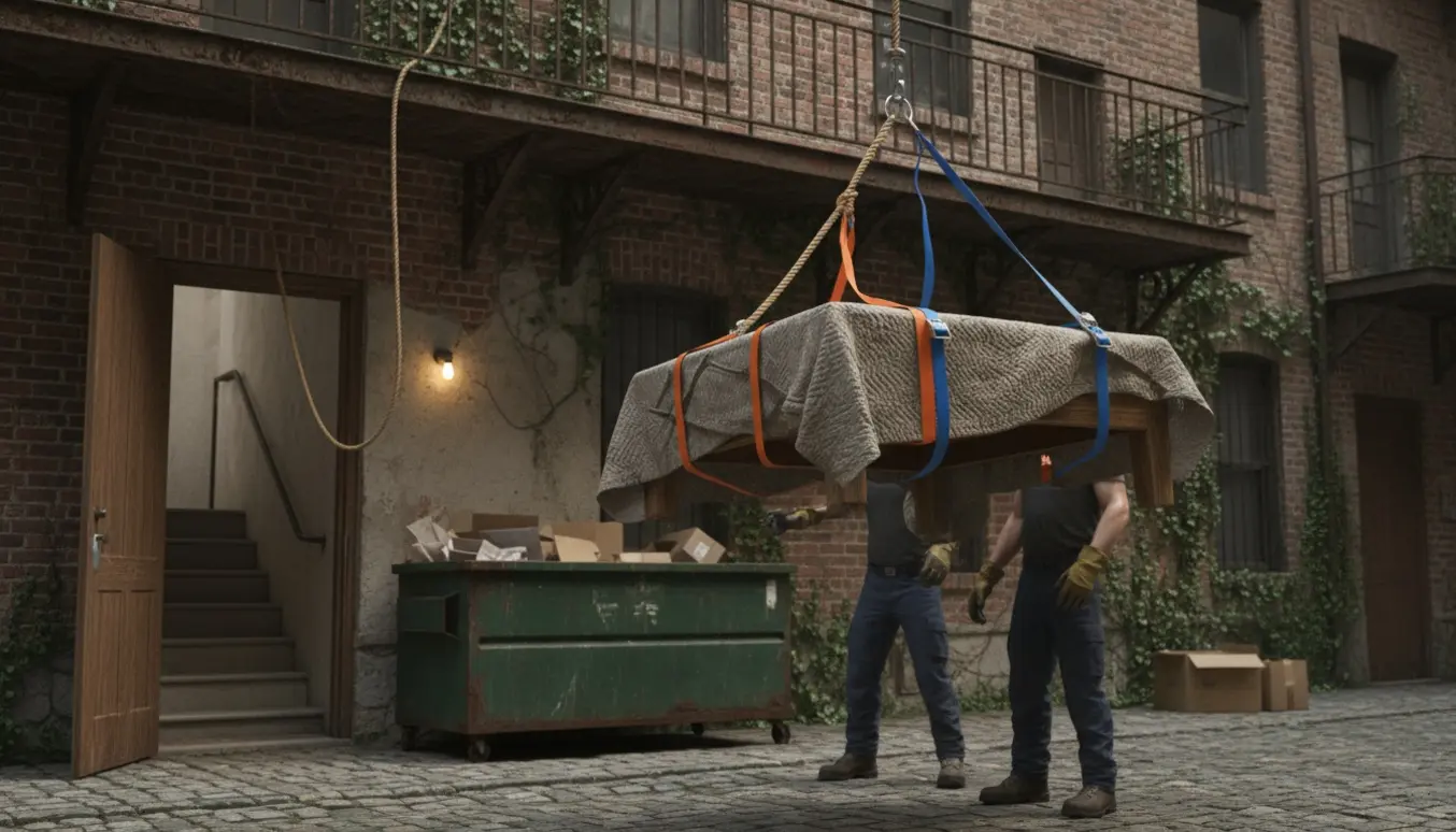 Et stort sofabord sænkes fra tredje sal mod et åbent skralderum i gården, pakket i flyttetæpper og sikret med stropper.