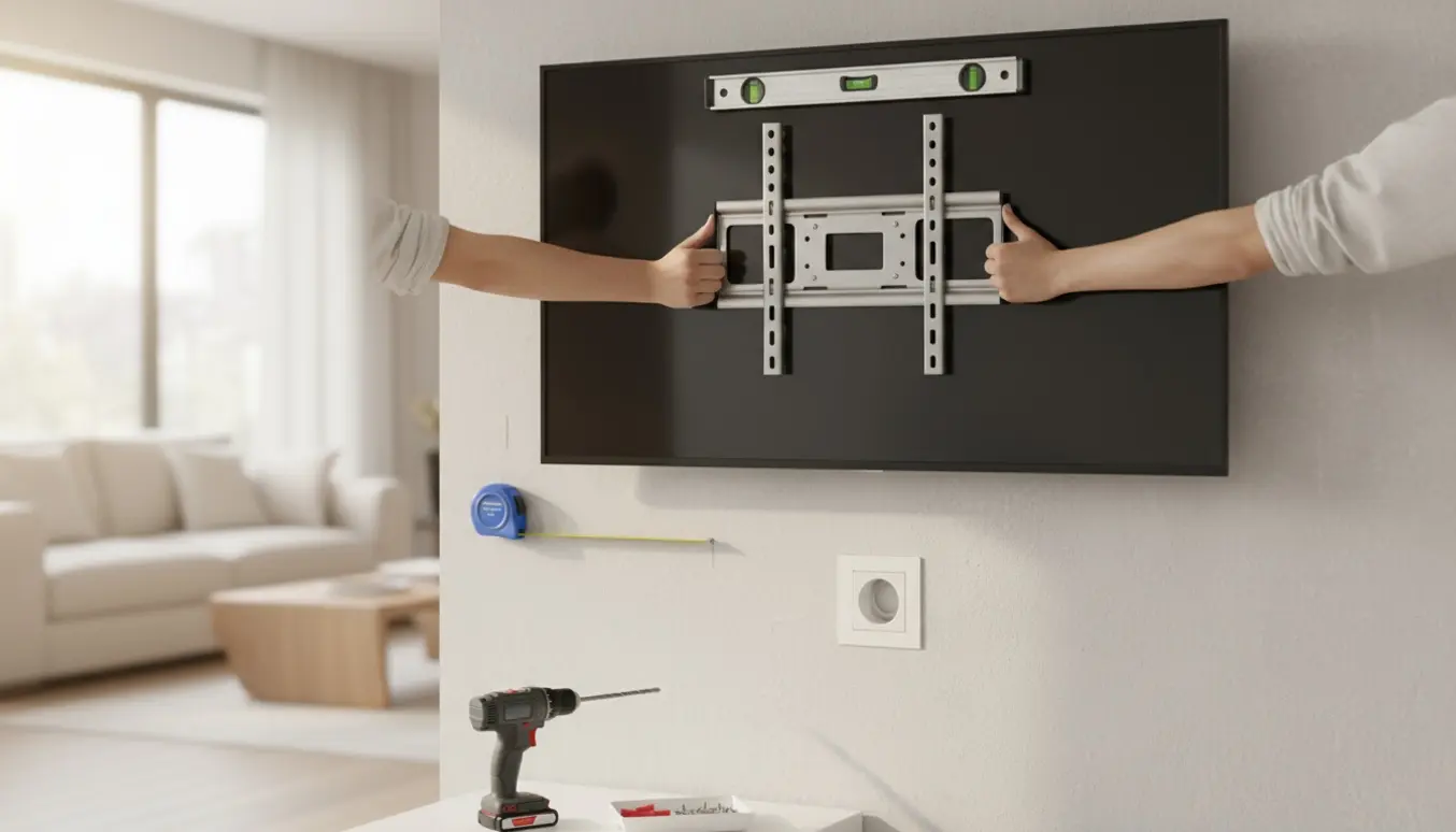 Hænder monterer et 50" fladskærms-tv på et vægbeslag i en lys stue.