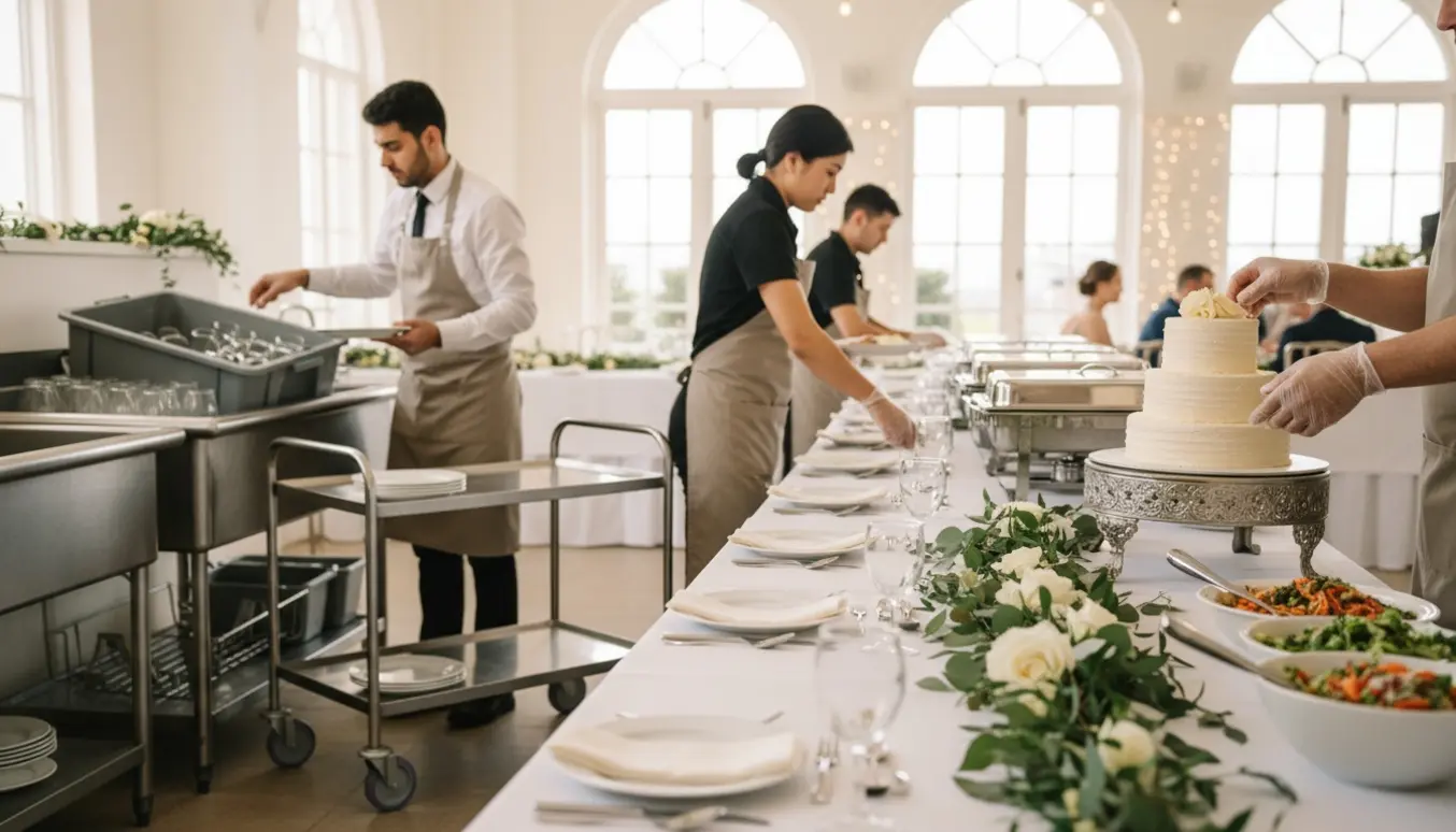 Tre tjenere rydder op ved en bryllupsbuffet med bryllupskage i baggrunden.