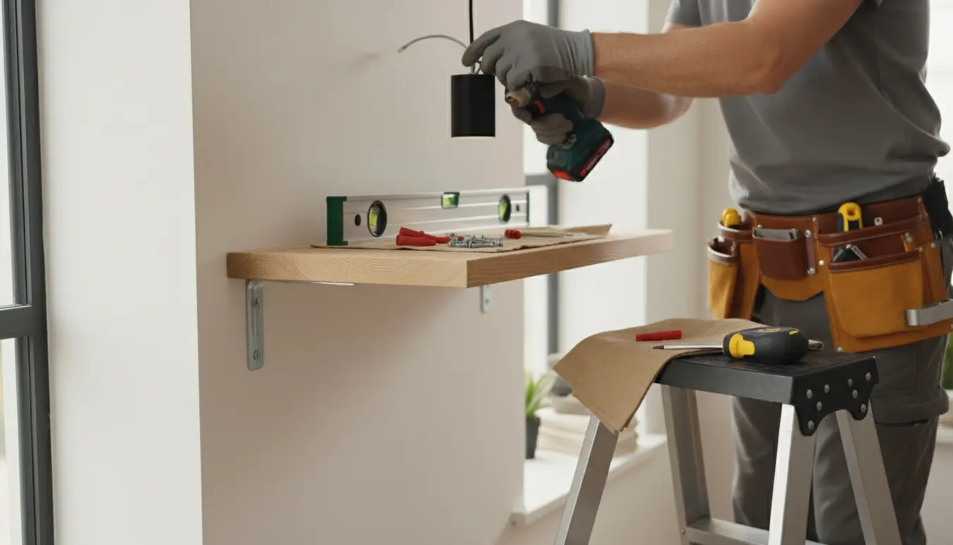 En handyman monterer en hylde og en lampe i et lyst rum med boremaskine og værktøj.