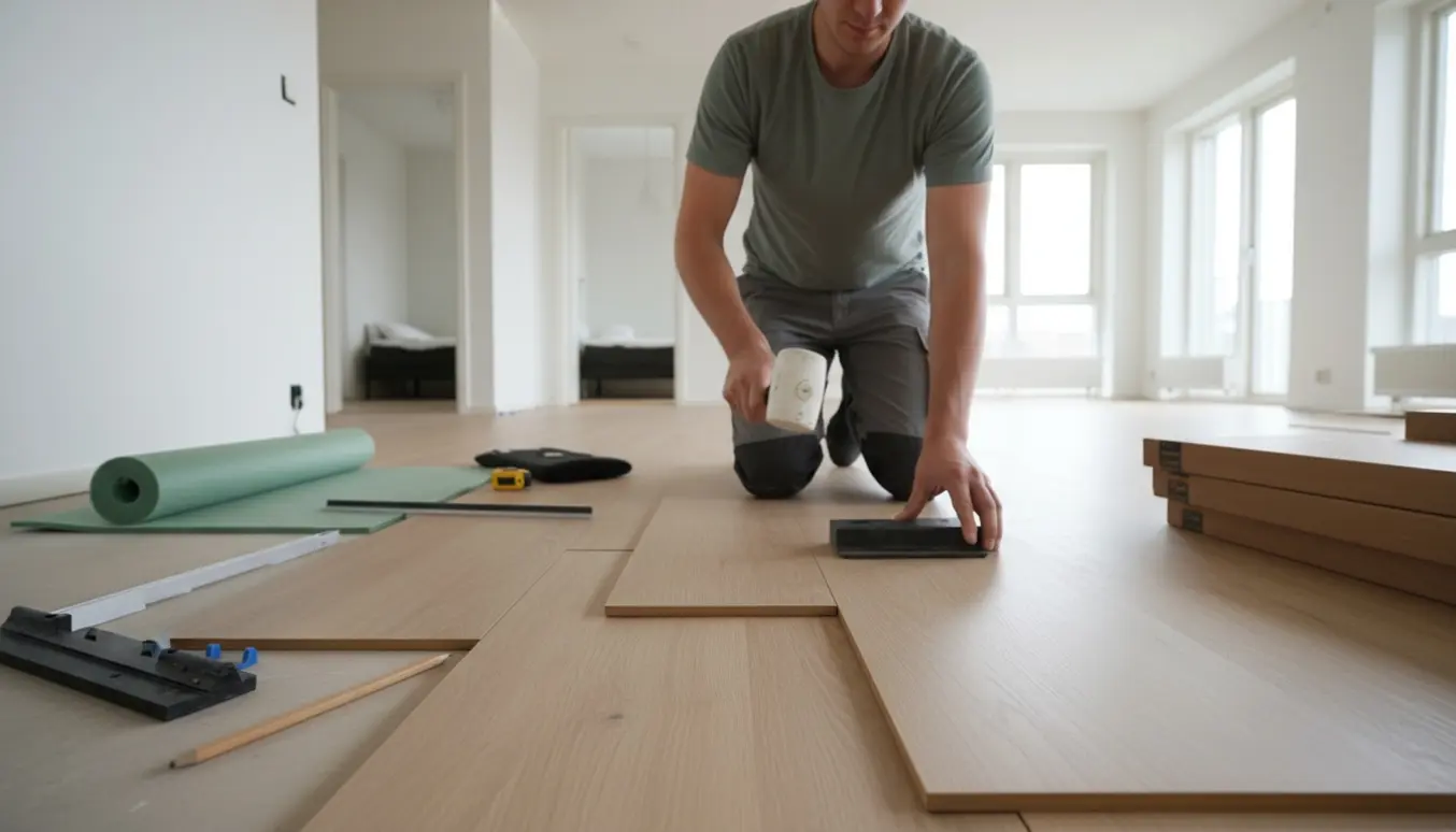 Klikgulv monteres i lyst skandinavisk hjem med værktøj og stablede gulvpakker.