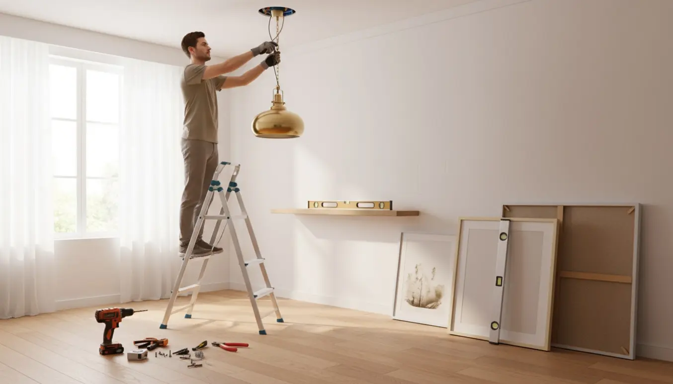 Hænder på en stige monterer en loftlampe, mens hylde og indrammede billeder forberedes til ophængning i et lyst stuerum.