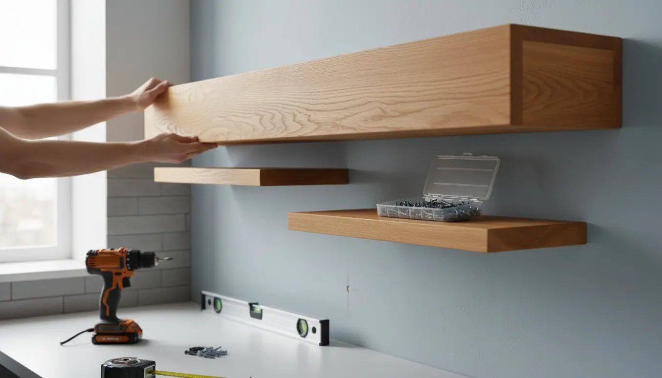 Hænder monterer tre færdigsamlede hylder på en væg med boremaskine, niveau, skruer og plugs.