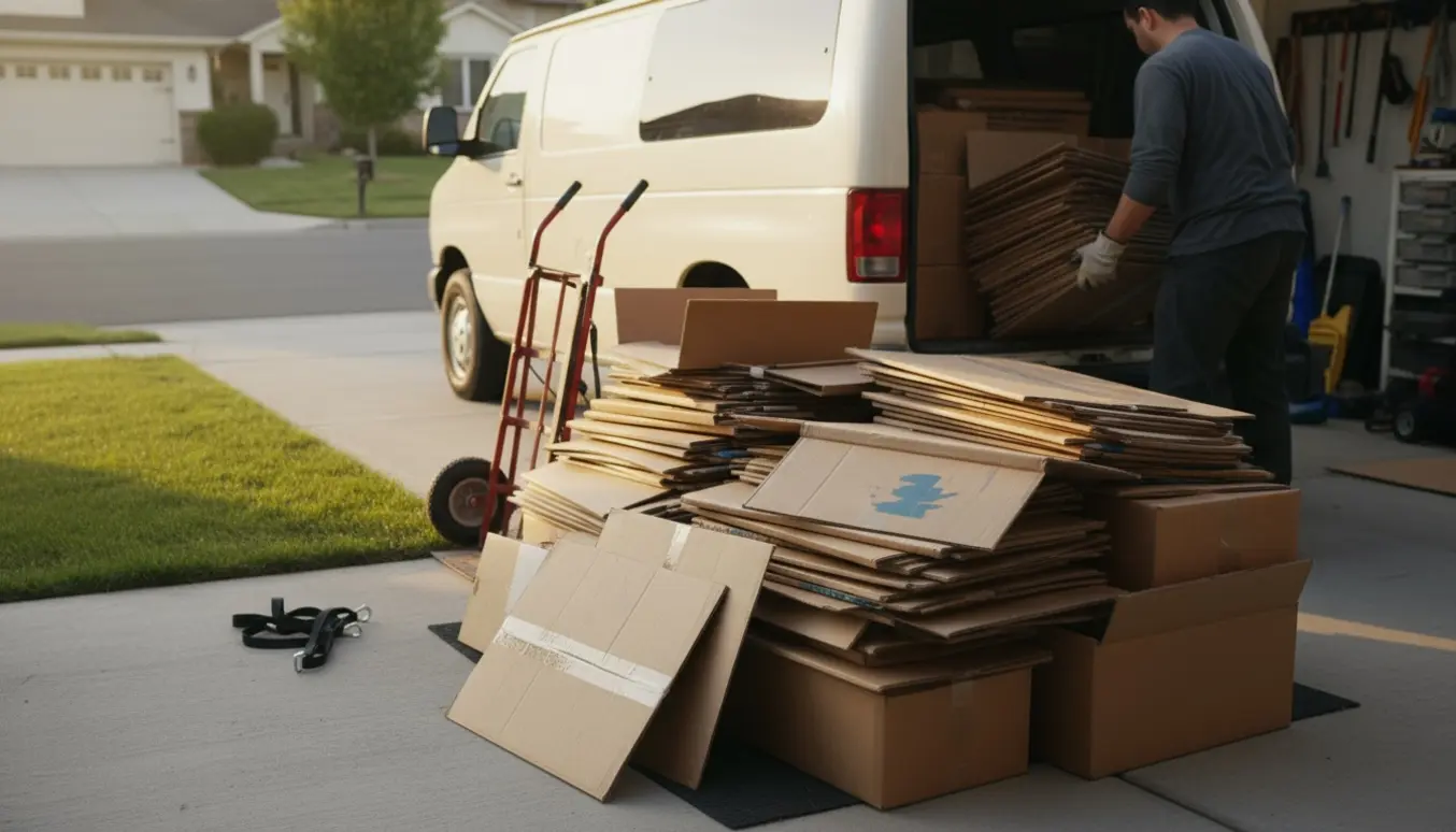 Sammenfoldede papkasser læsses ind i en åben varebil på indkørslen, klar til bortkørsel.